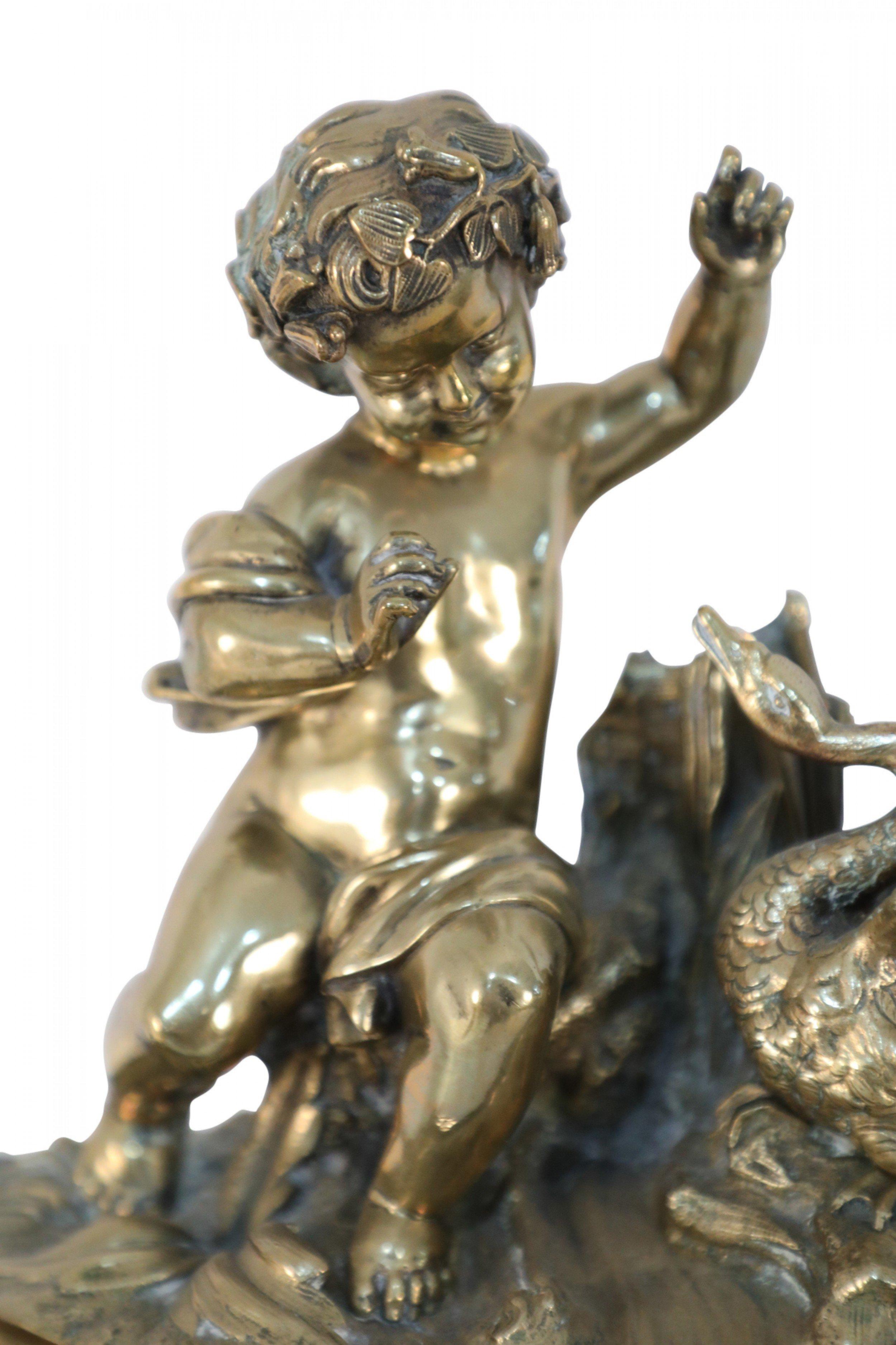 Metal French Victorian Ebonized Allegorical Mantel Clock with Bronze Putti with Swan For Sale
