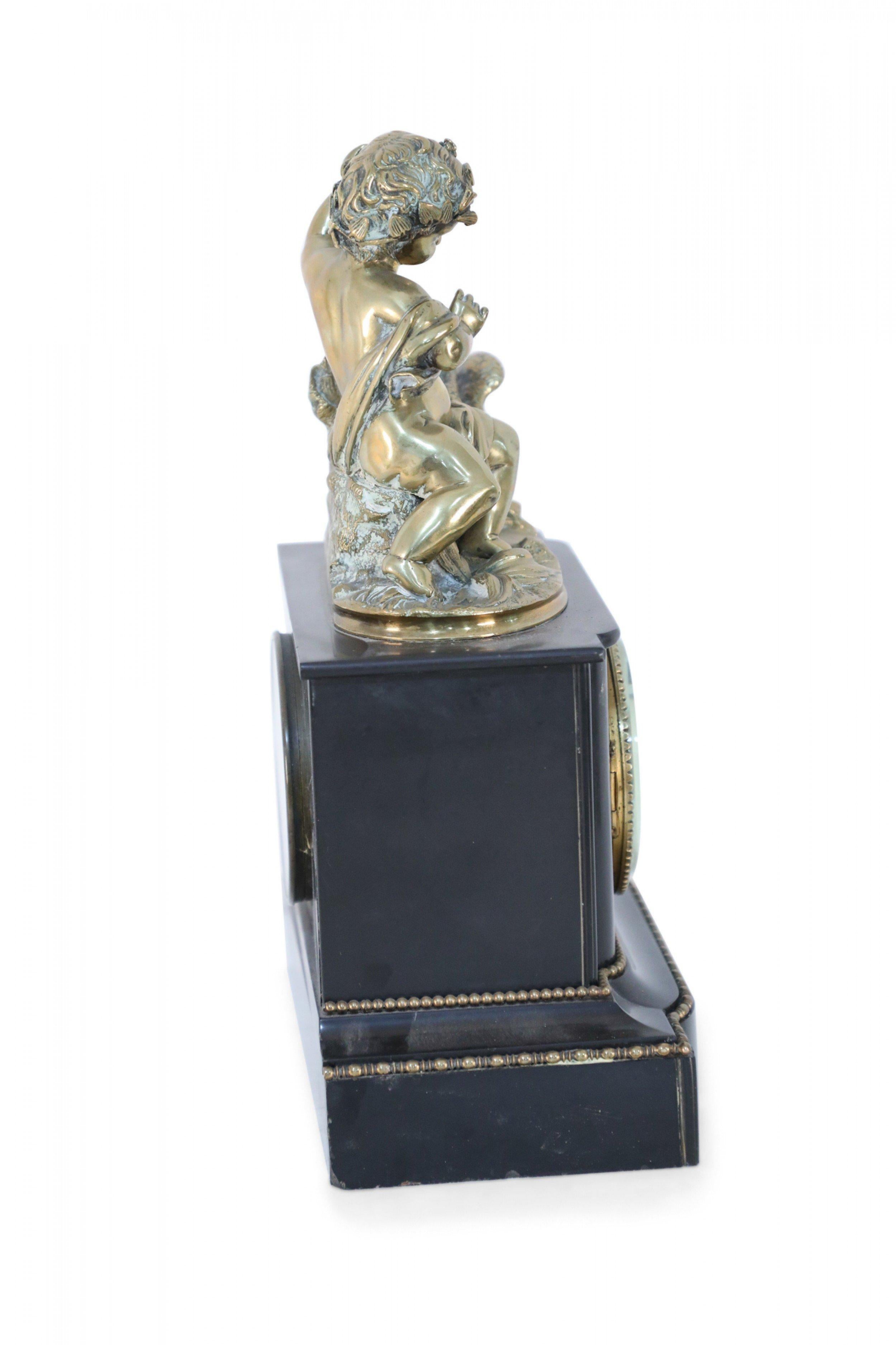 French Victorian Ebonized Allegorical Mantel Clock with Bronze Putti with Swan For Sale 1