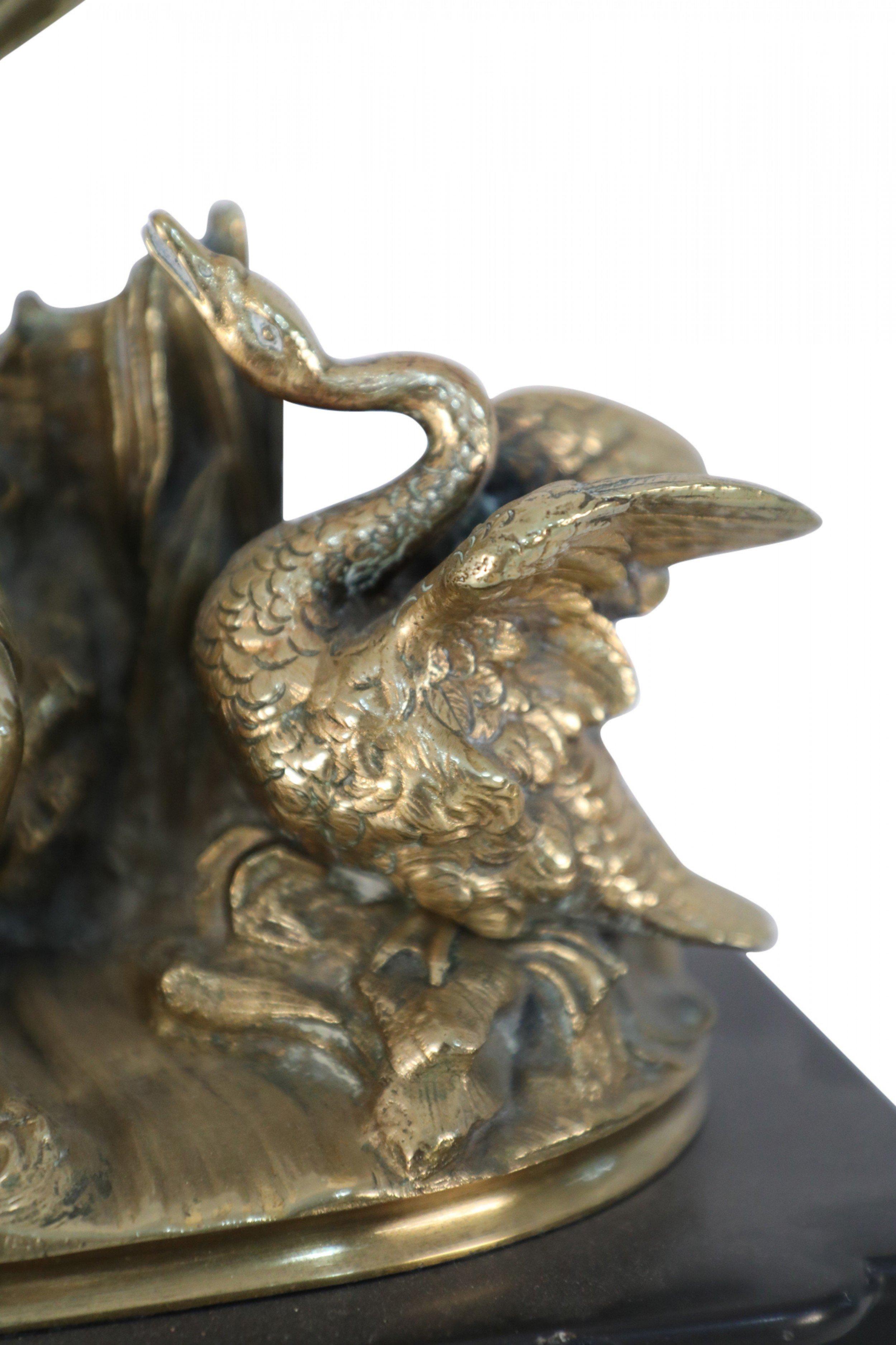 French Victorian Ebonized Allegorical Mantel Clock with Bronze Putti with Swan For Sale 2