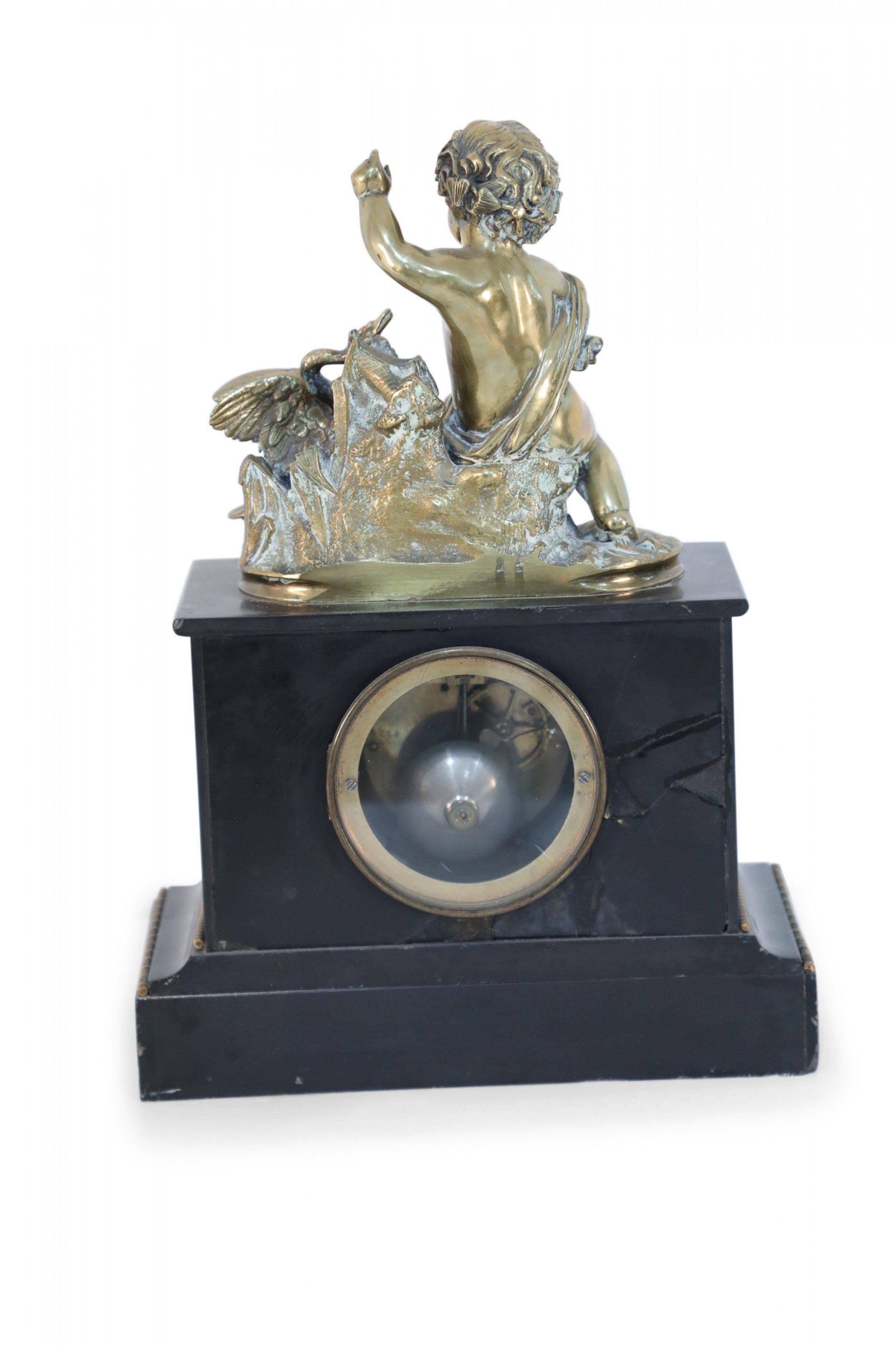 French Victorian Ebonized Allegorical Mantel Clock with Bronze Putti with Swan For Sale 4