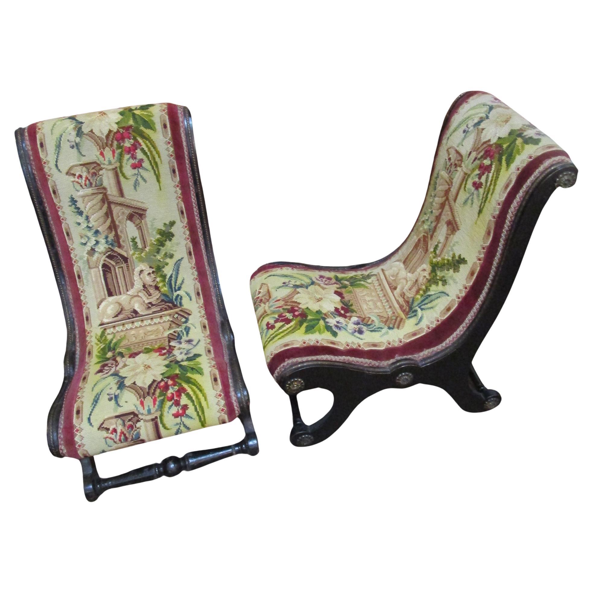 French Napoleon III Ebonized Children's Prie Dieu Pair w/ Needlepoint Upholstery For Sale