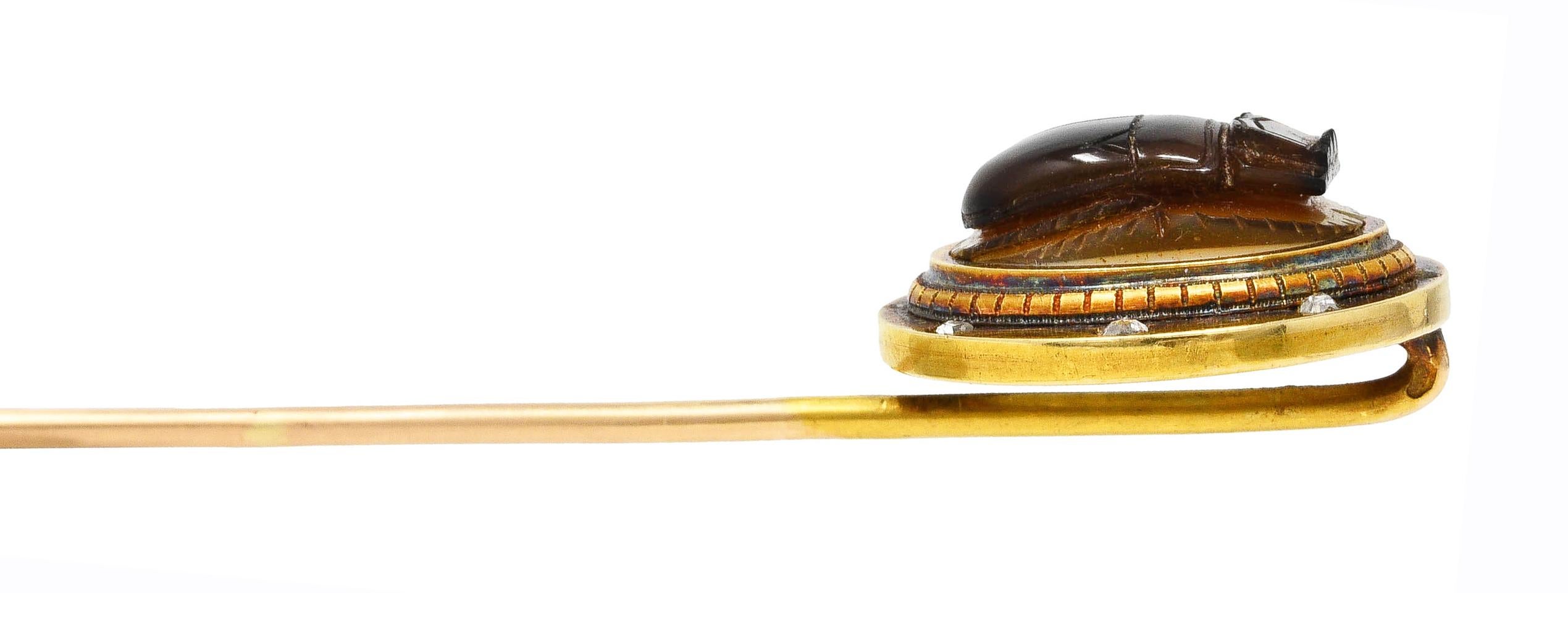 Alfiler escarabajo de oro de 18 quilates de ágata diamantada del renacimiento egipcio victoriano francés en venta 2