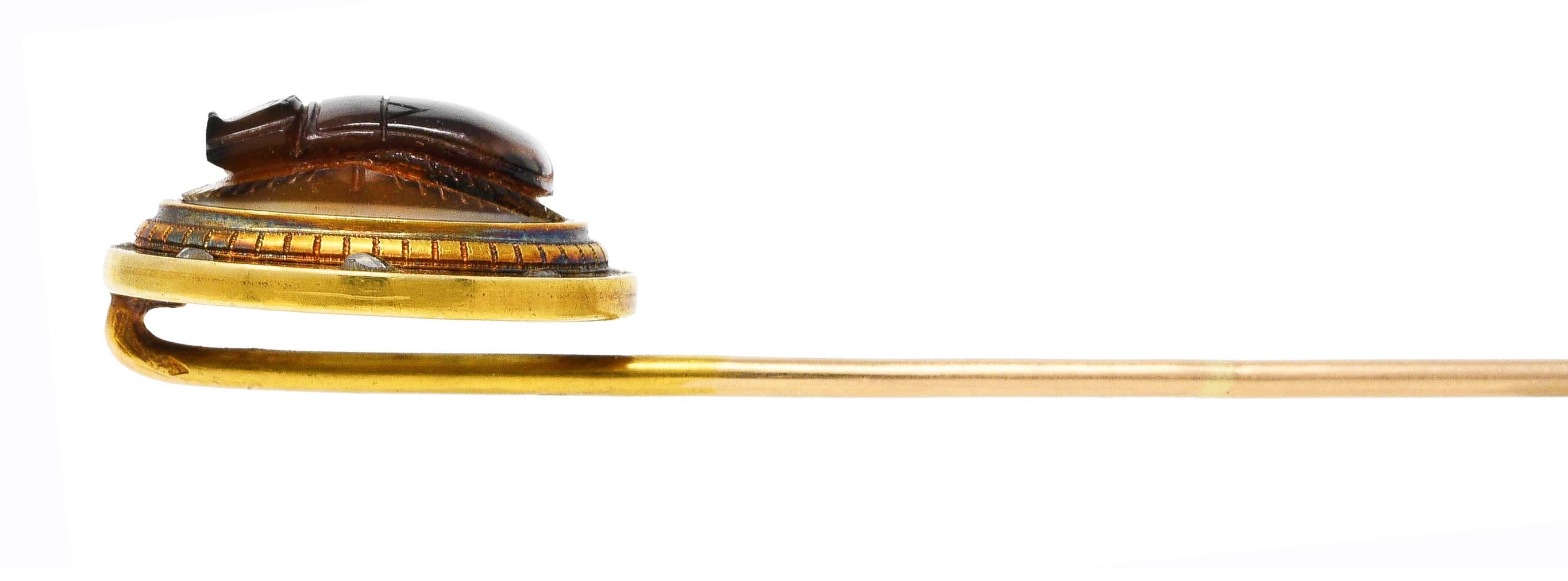 Alfiler escarabajo de oro de 18 quilates de ágata diamantada del renacimiento egipcio victoriano francés en venta 3