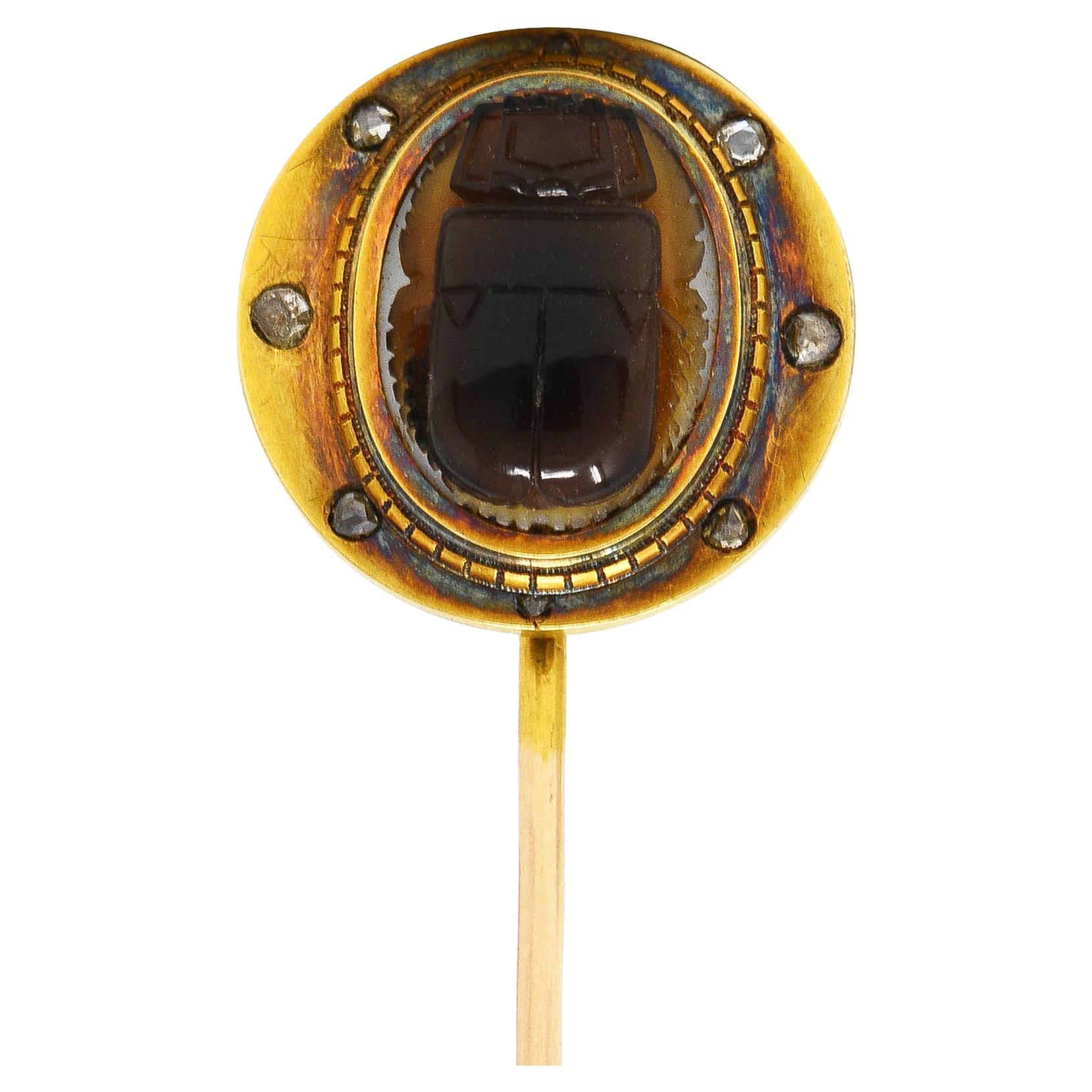 French Victorian Egyptian Revival Diamond Agate 18 Karat Gold Scarab Stickpin For Sale