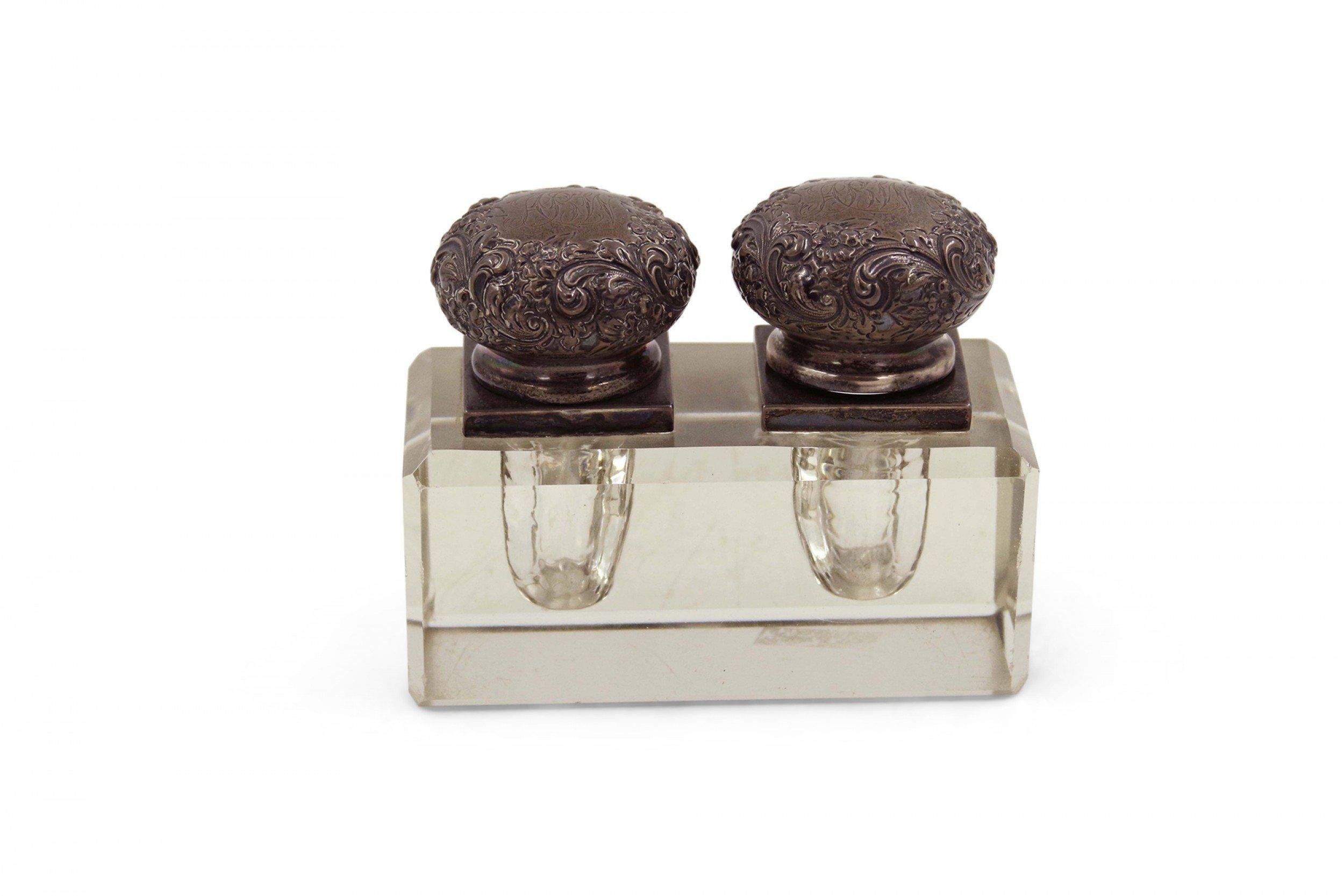 French Victorian rectangular double glass inkwell with incised monogrammed sterling silver hinged lids. (Hallmarked).
       