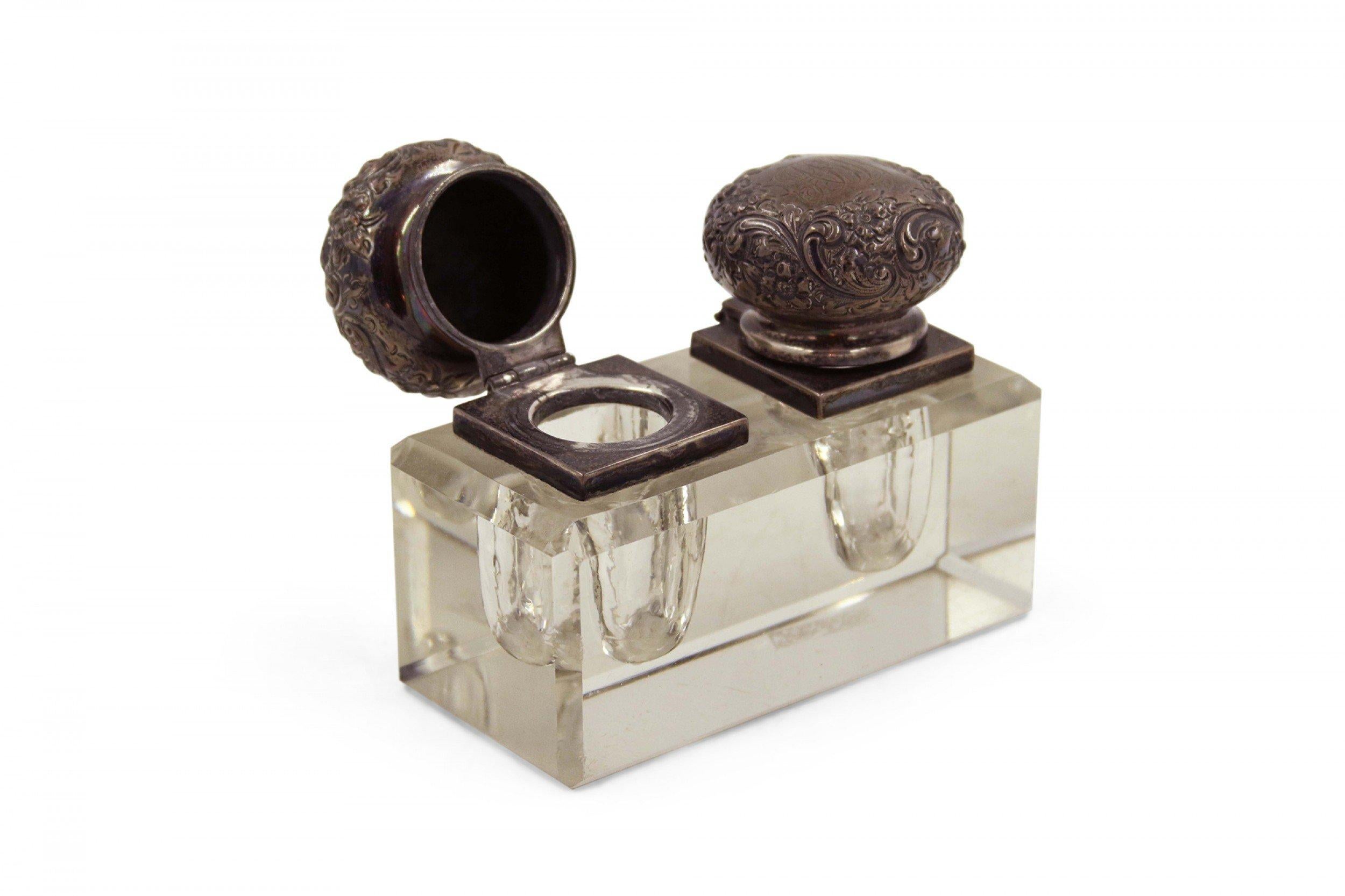19th Century French Victorian Embossed Sterling Silver and Glass Inkwell For Sale