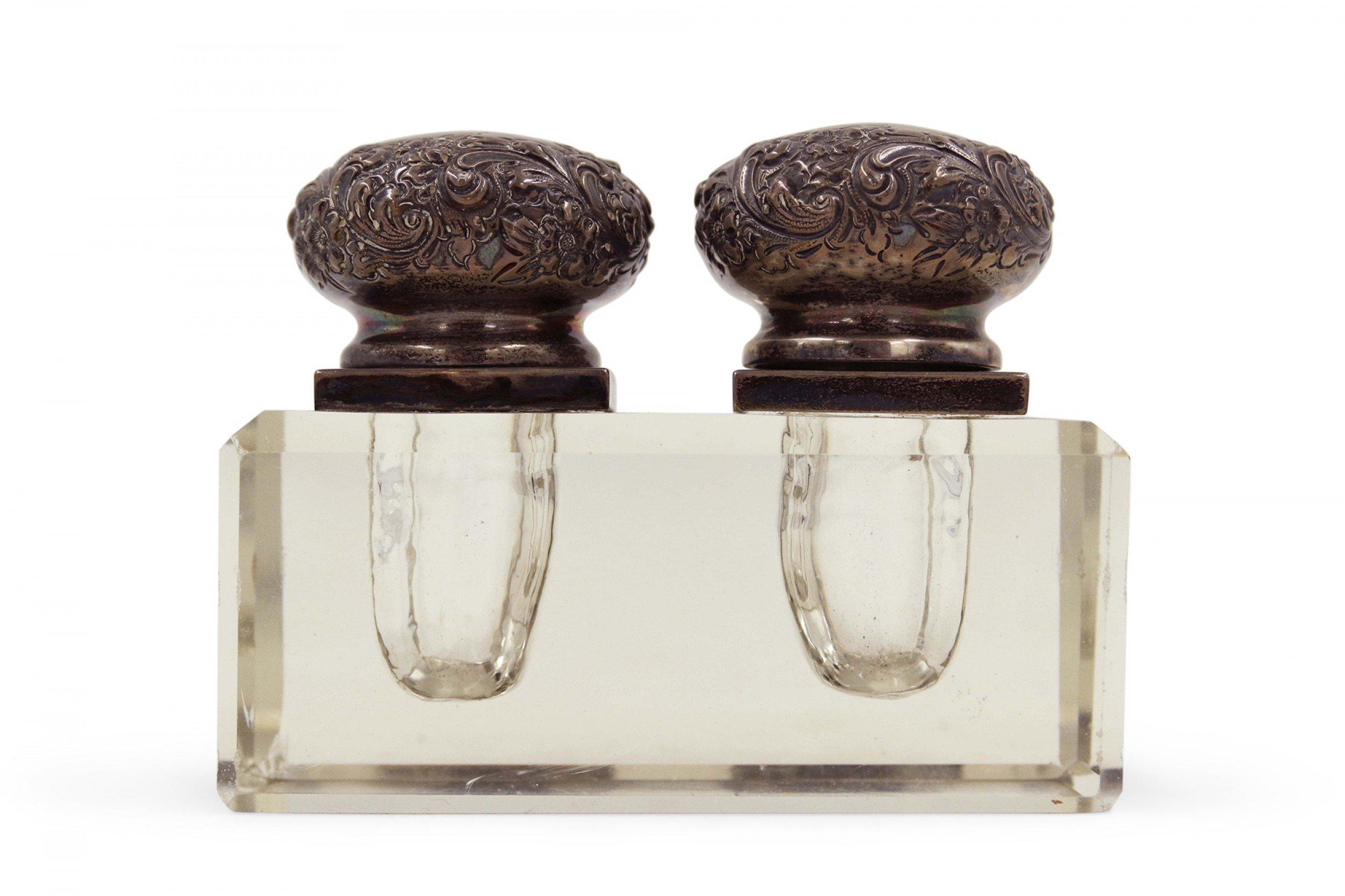 French Victorian Embossed Sterling Silver and Glass Inkwell For Sale 2