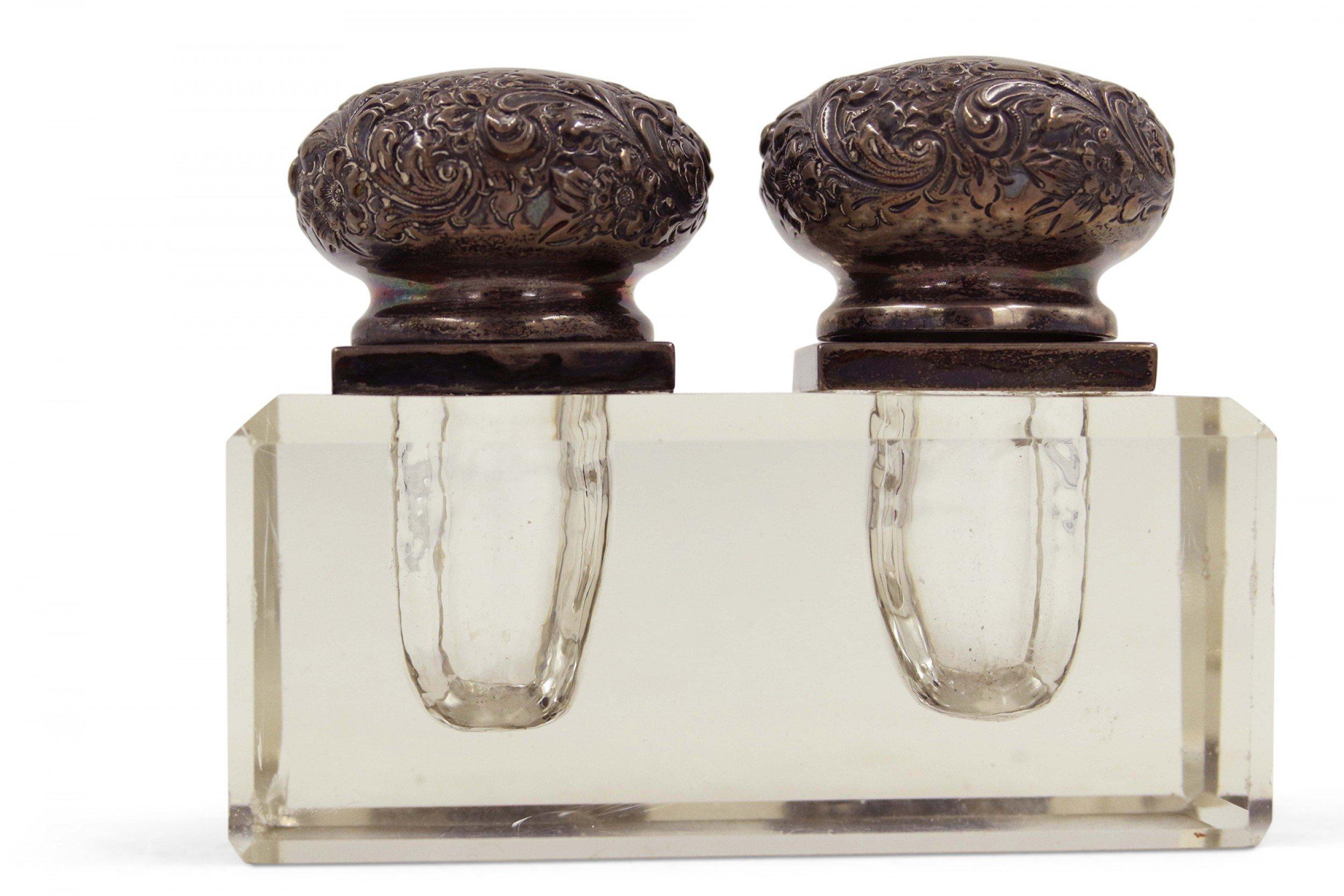 French Victorian Embossed Sterling Silver and Glass Inkwell For Sale 3