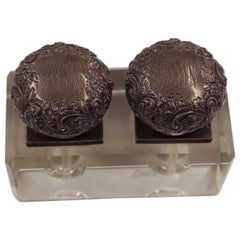 French Victorian Embossed Sterling Silver and Glass Inkwell