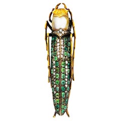 French Victorian Emerald Diamond Ruby Silver-Topped 18 Karat Gold Cicada Brooch
