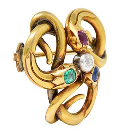 French Victorian Emerald Diamond Sapphire Ruby 18 Karat Gold Snake Brooch
