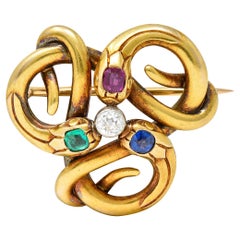 Antique French Victorian Emerald Diamond Sapphire Ruby 18 Karat Gold Snake Brooch