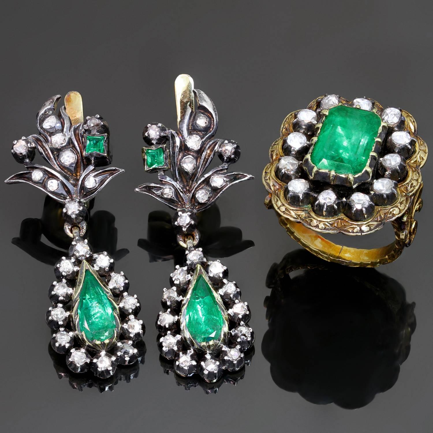 This impressive  foil-backed jewelry set consists of a hand-made filigree cocktail ring and pendant earrings crafted in silver-topped 18k yellow gold and set with 2 pear-cut, 2 square-cut, 1 emerald-cut foil-backed emeralds, and small rose-cut &