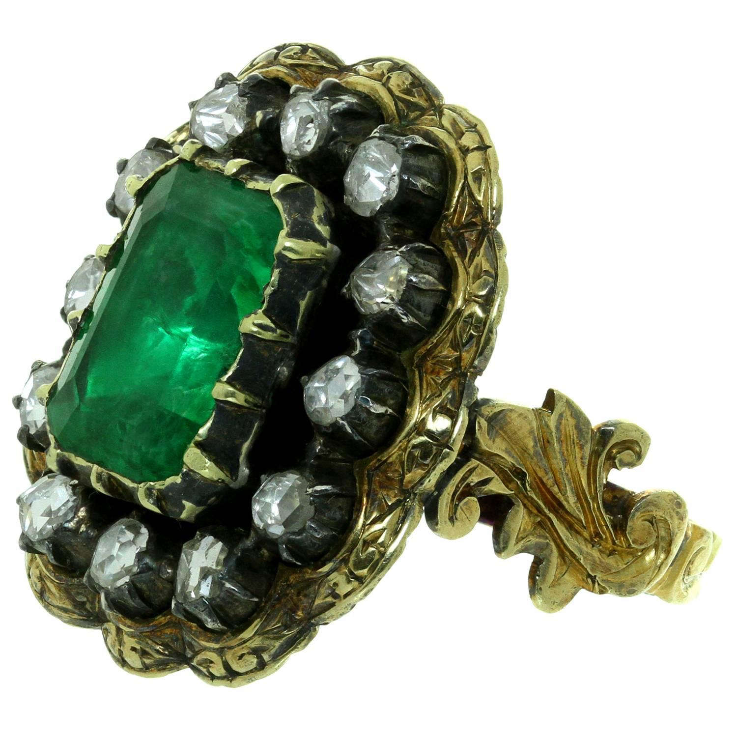 Edwardian Antique  Emerald Diamond Silver-Topped Gold Drop Earrings and Ring Set