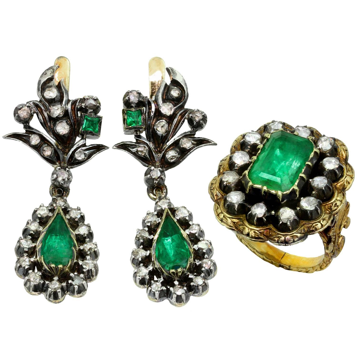 Antique  Emerald Diamond Silver-Topped Gold Drop Earrings and Ring Set 1