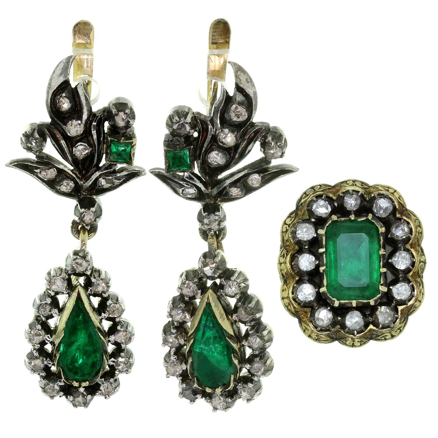 Antique  Emerald Diamond Silver-Topped Gold Drop Earrings and Ring Set