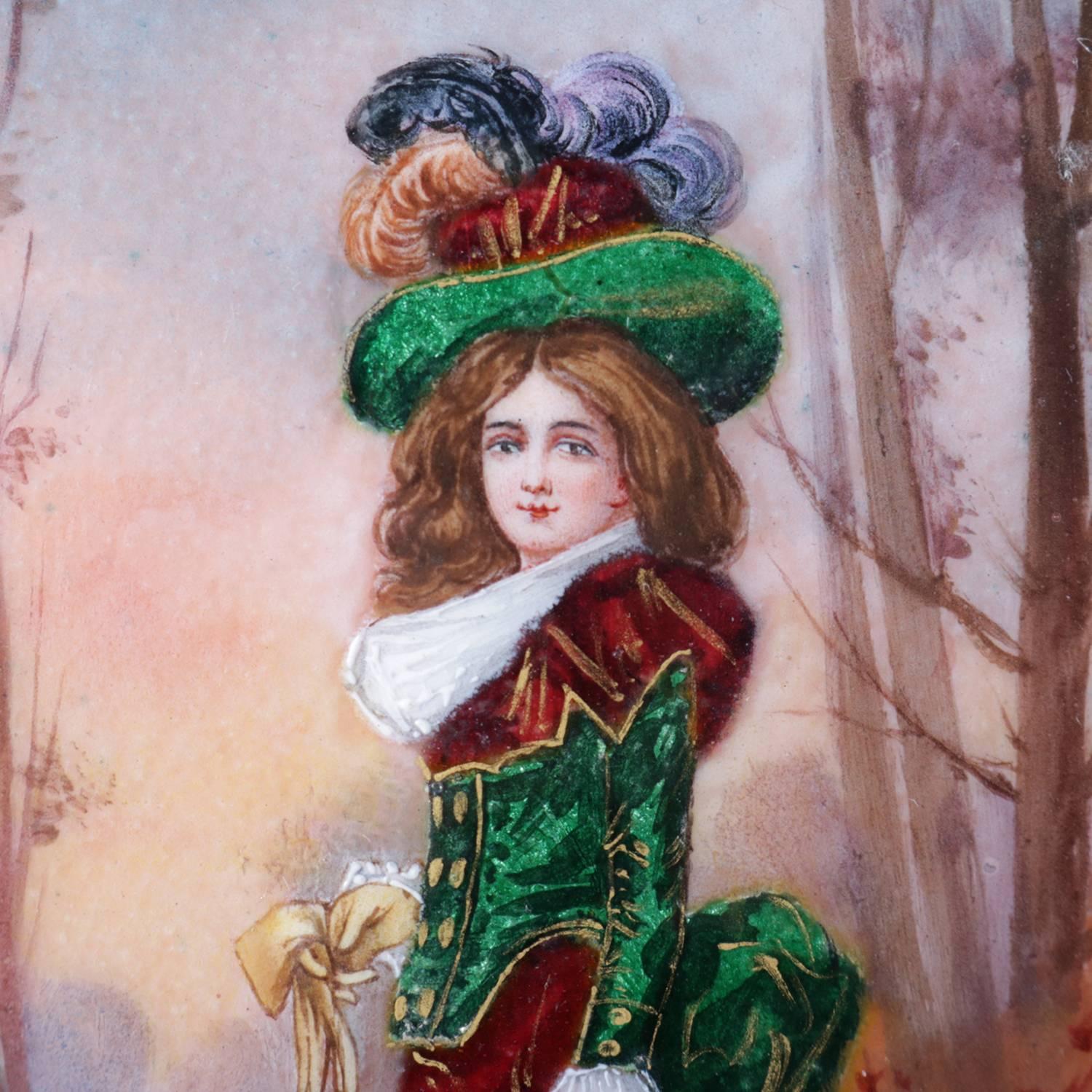 Victorian hand-painted enameled copper plaque depicts full length portrait of Gibson Girl, signed lower right Rochat, seated in gilt ribbon from frame stamped 