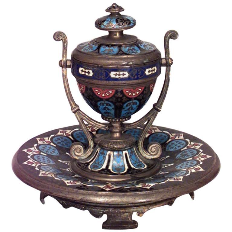 French Victorian Enamel Urn Inkwell For Sale