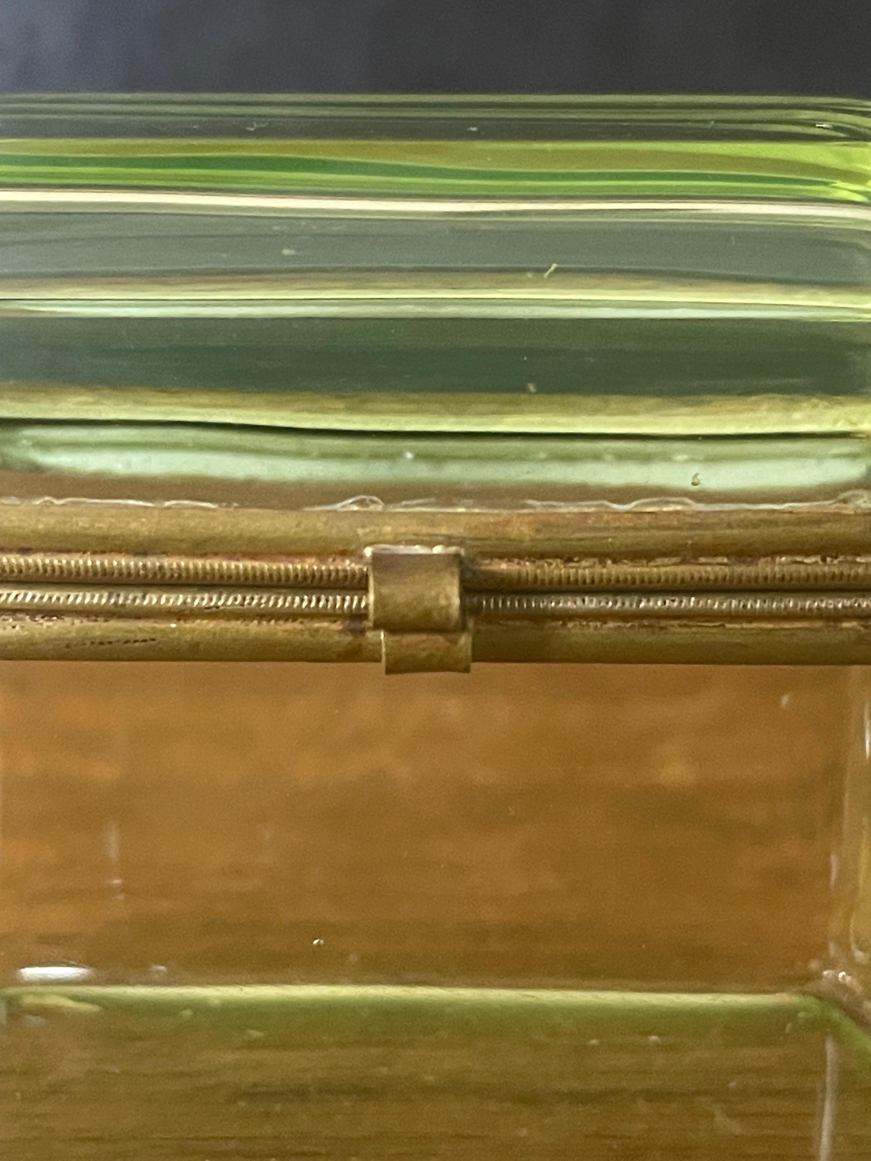 French Victorian Era Vaseline Green Glass Lidded Trinket Box 11