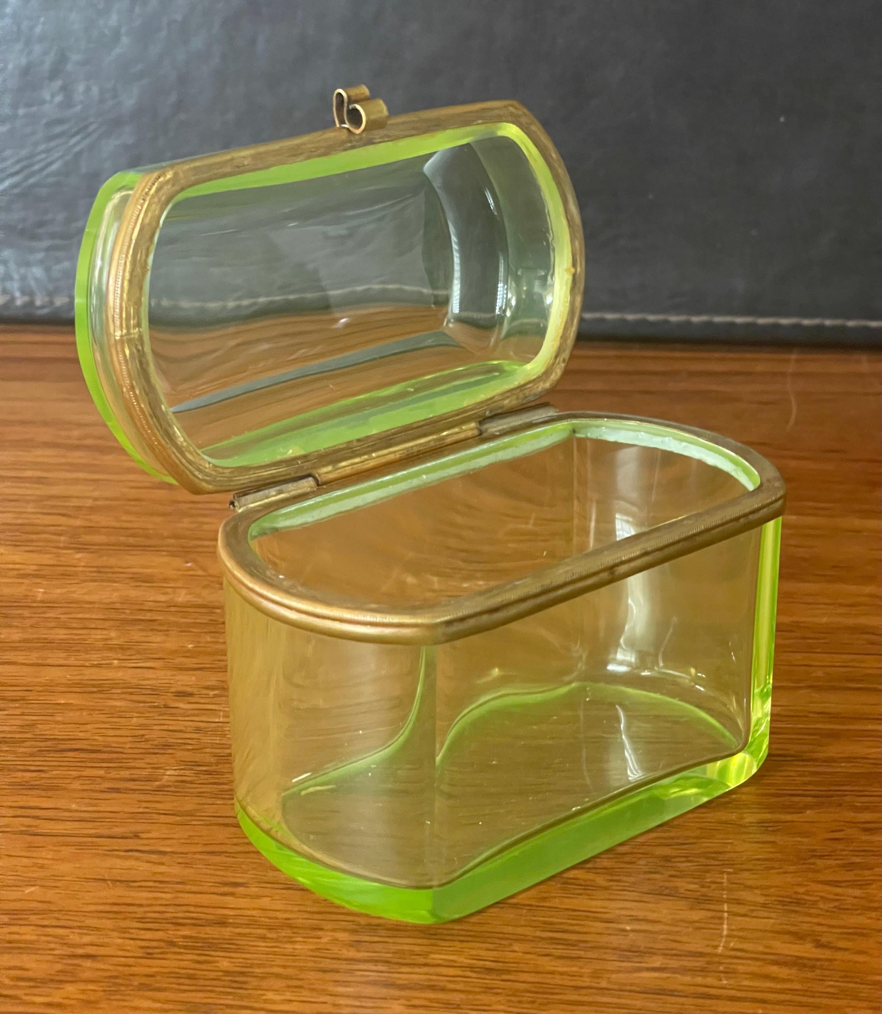 Bronze French Victorian Era Vaseline Green Glass Lidded Trinket Box