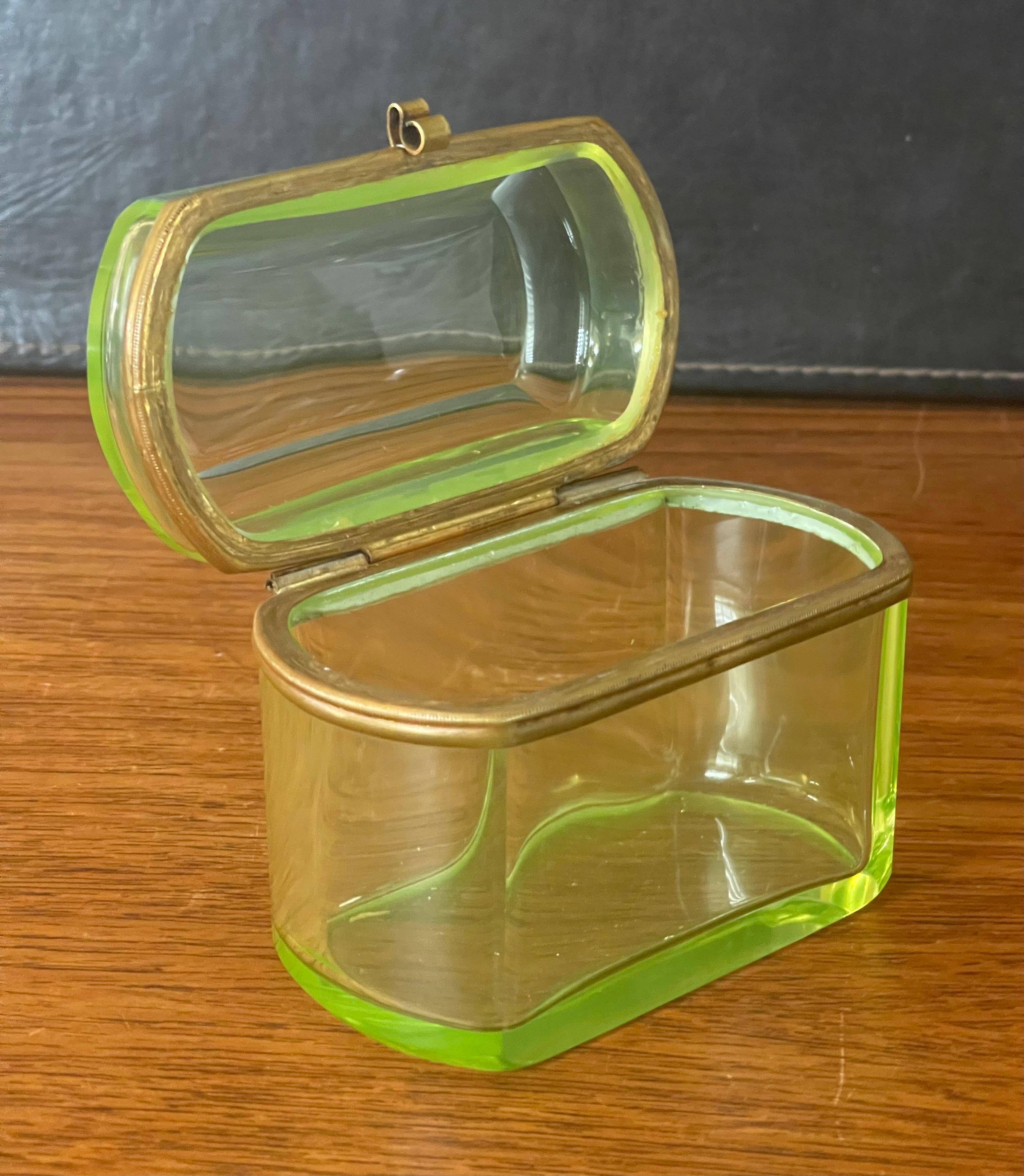 French Victorian Era Vaseline Green Glass Lidded Trinket Box 1
