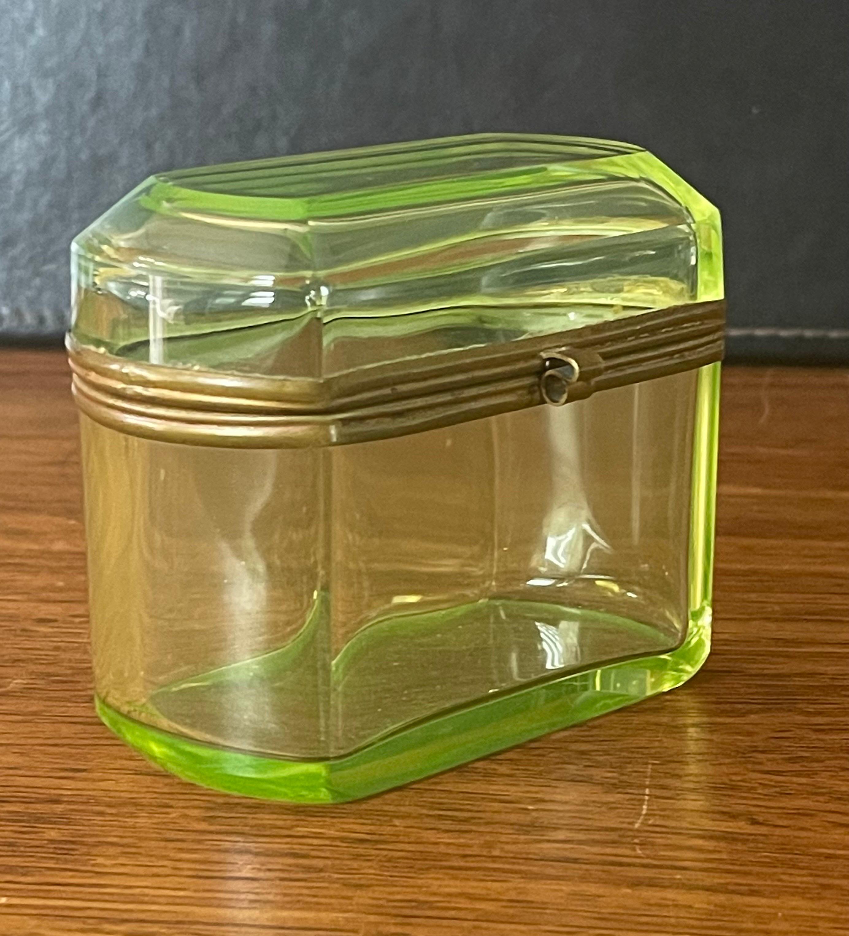 French Victorian Era Vaseline Green Glass Lidded Trinket Box 1