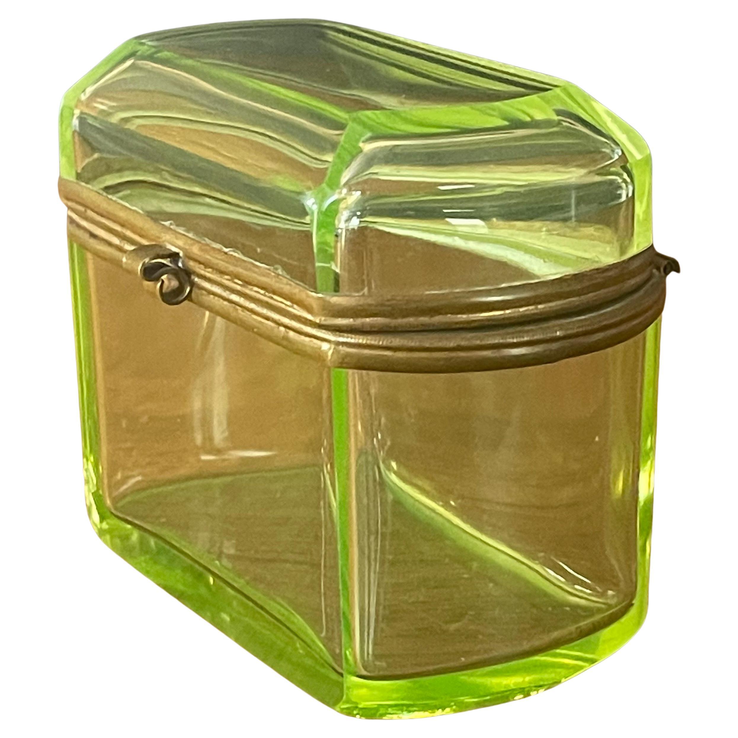 Victorian Hand Painted French Green Glass Hinged Powder Jar Bohemian Trinket Box