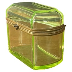 French Victorian Era Vaseline Green Glass Lidded Trinket Box