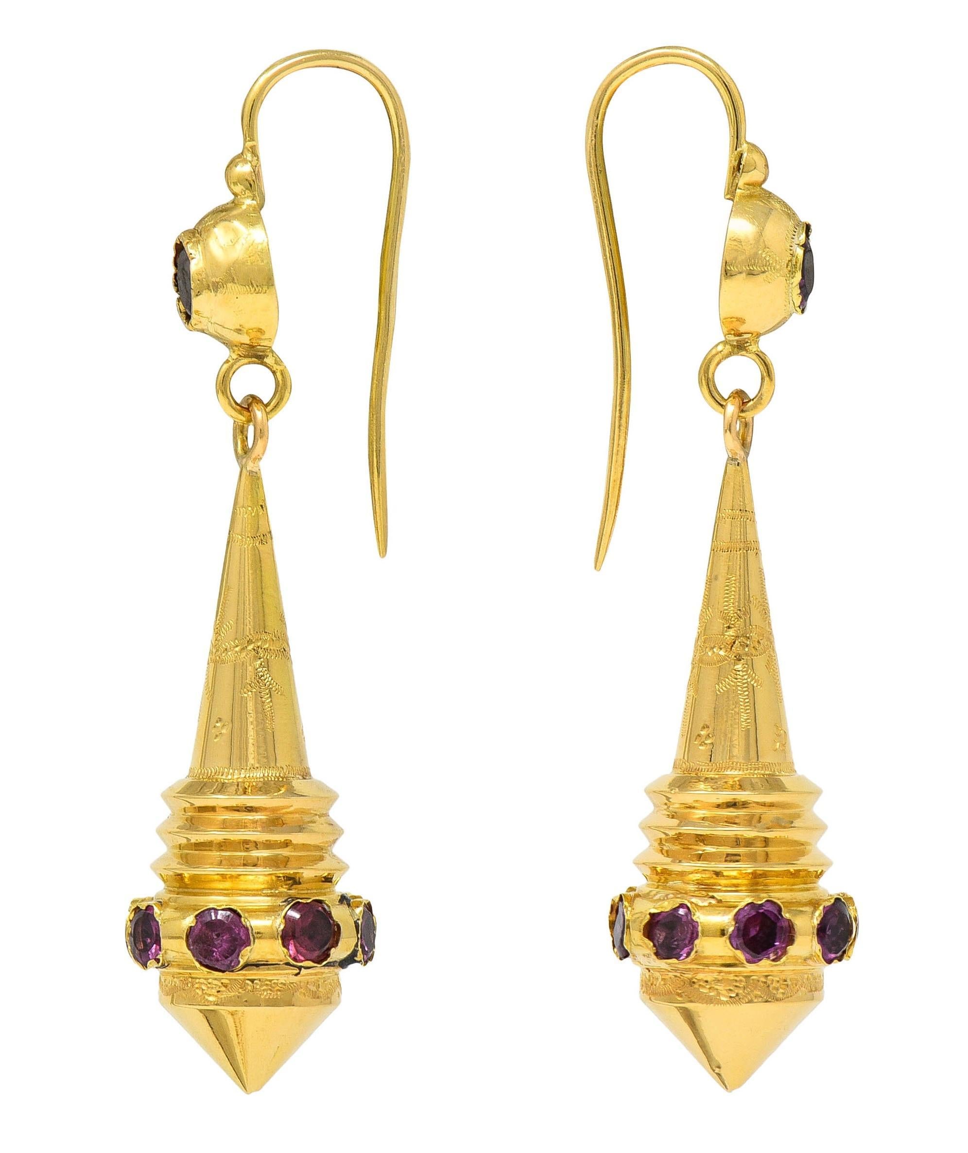 Round Cut French Victorian Etruscan Revival Tourmaline 18 Karat Gold Antique Drop Earrings For Sale