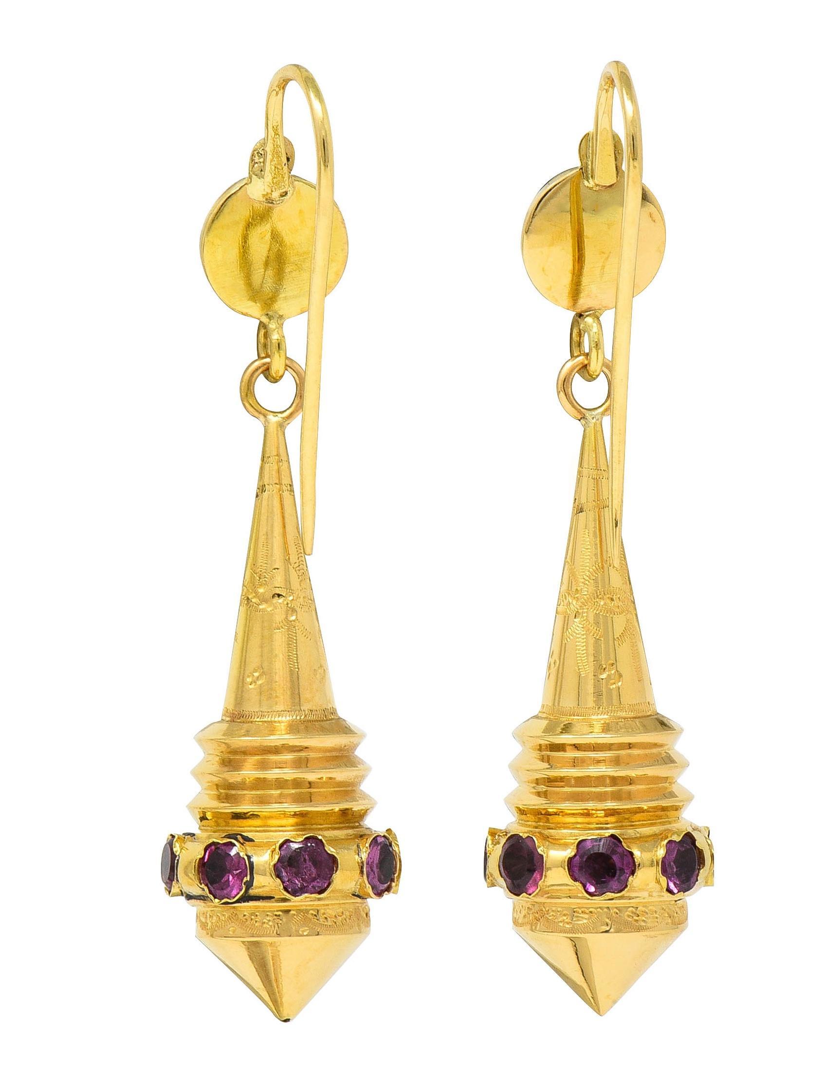 French Victorian Etruscan Revival Tourmaline 18 Karat Gold Antique Drop Earrings In Excellent Condition For Sale In Philadelphia, PA