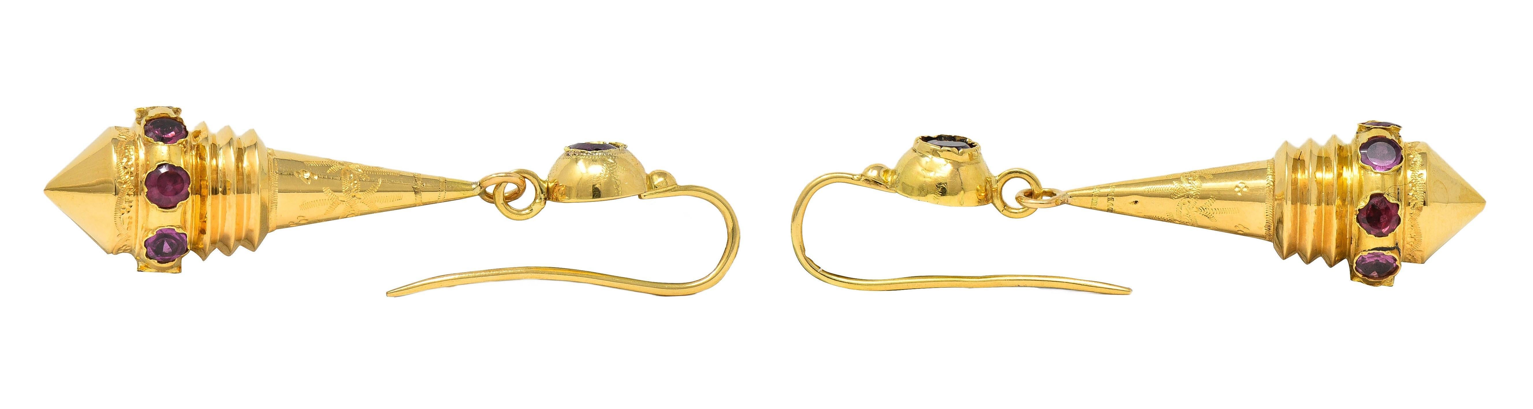 Women's or Men's French Victorian Etruscan Revival Tourmaline 18 Karat Gold Antique Drop Earrings For Sale