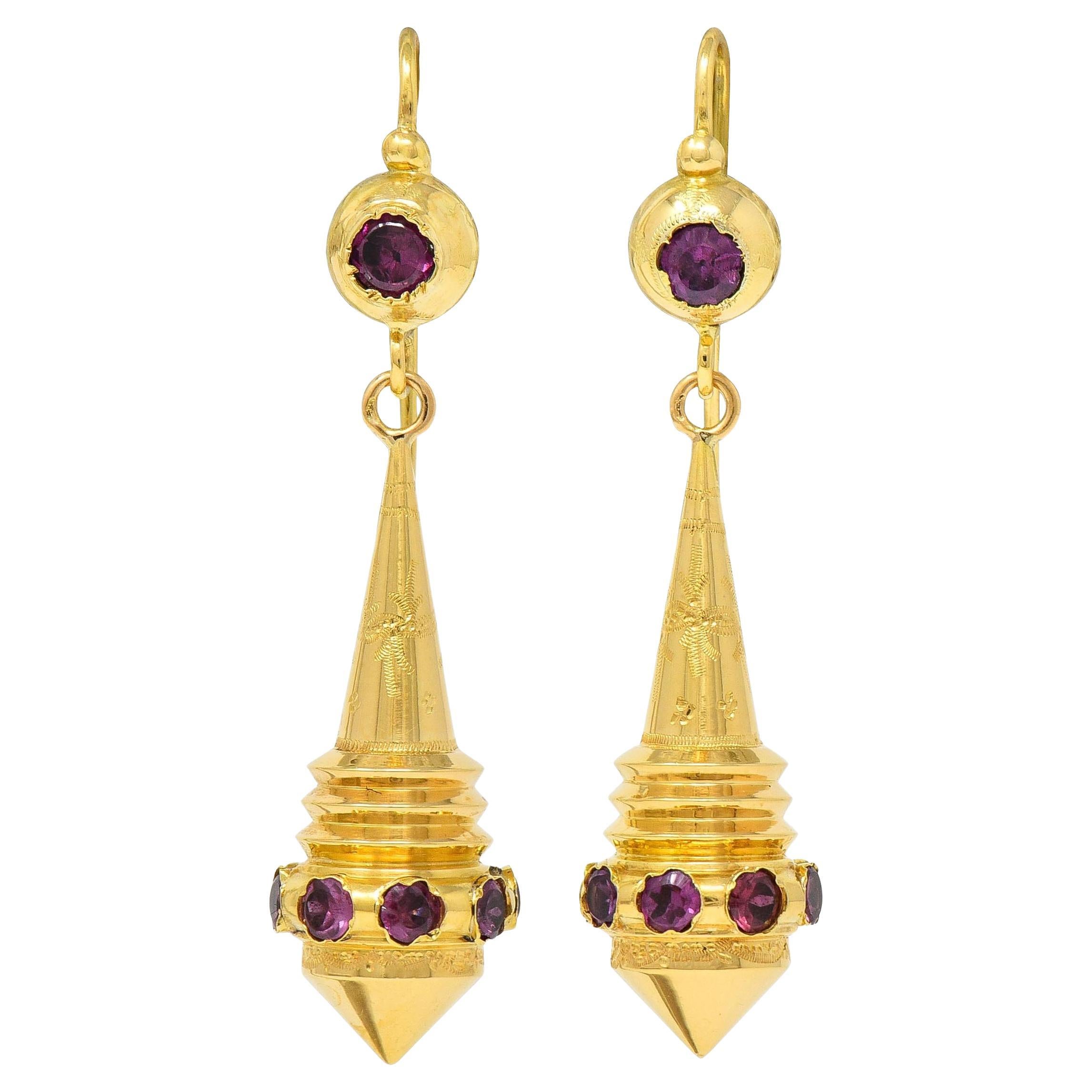 French Victorian Etruscan Revival Tourmaline 18 Karat Gold Antique Drop Earrings