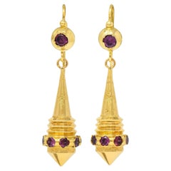 French Victorian Etruscan Revival Tourmaline 18 Karat Gold Antique Drop Earrings