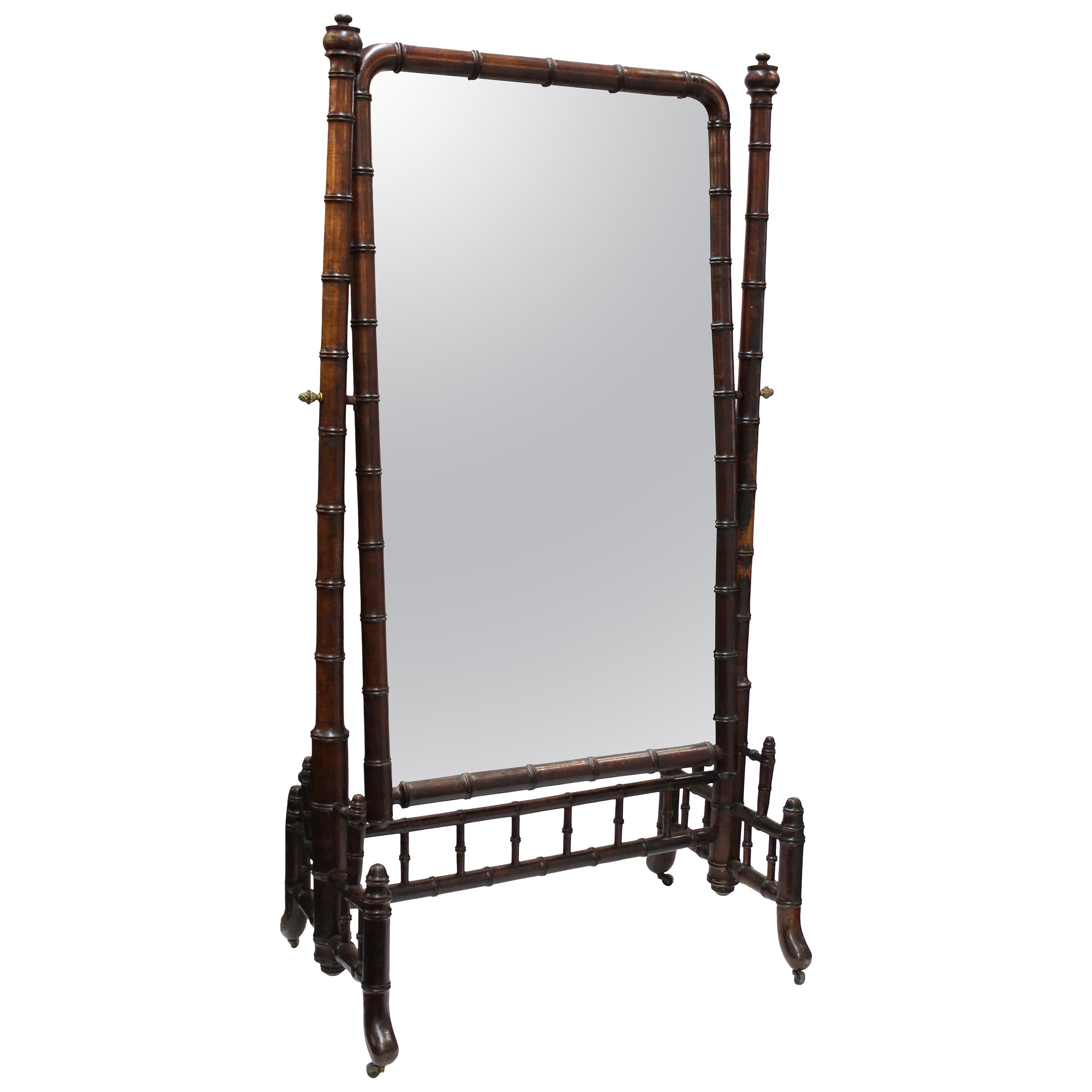 French Victorian Faux Bamboo Cheval Mirror in Mahogany