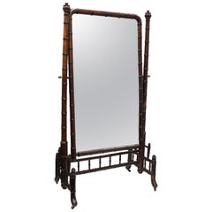 Antique French Victorian Faux Bamboo Cheval Mirror in Mahogany