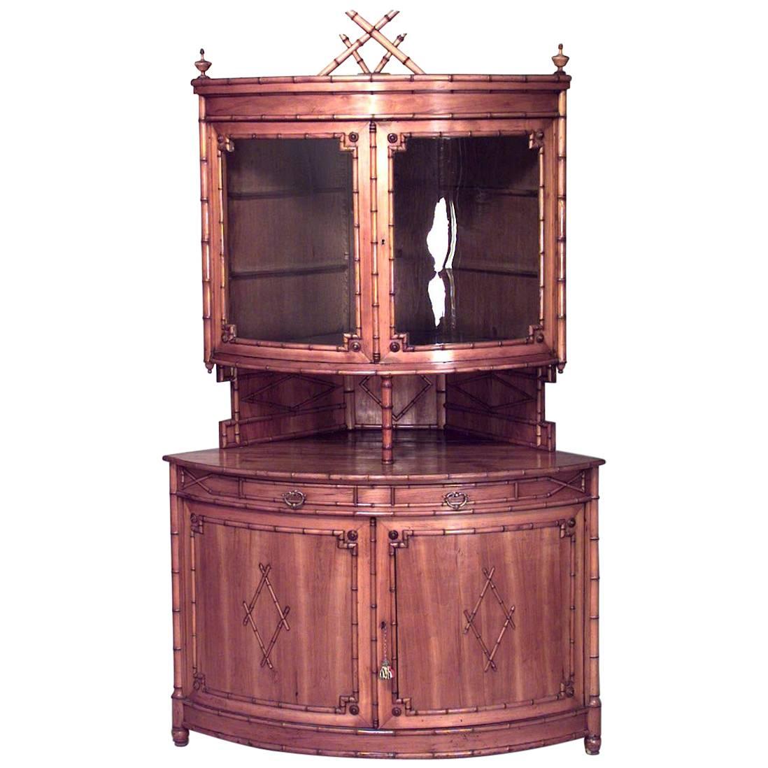 French Victorian Faux Bamboo Maple Corner Cabinet For Sale