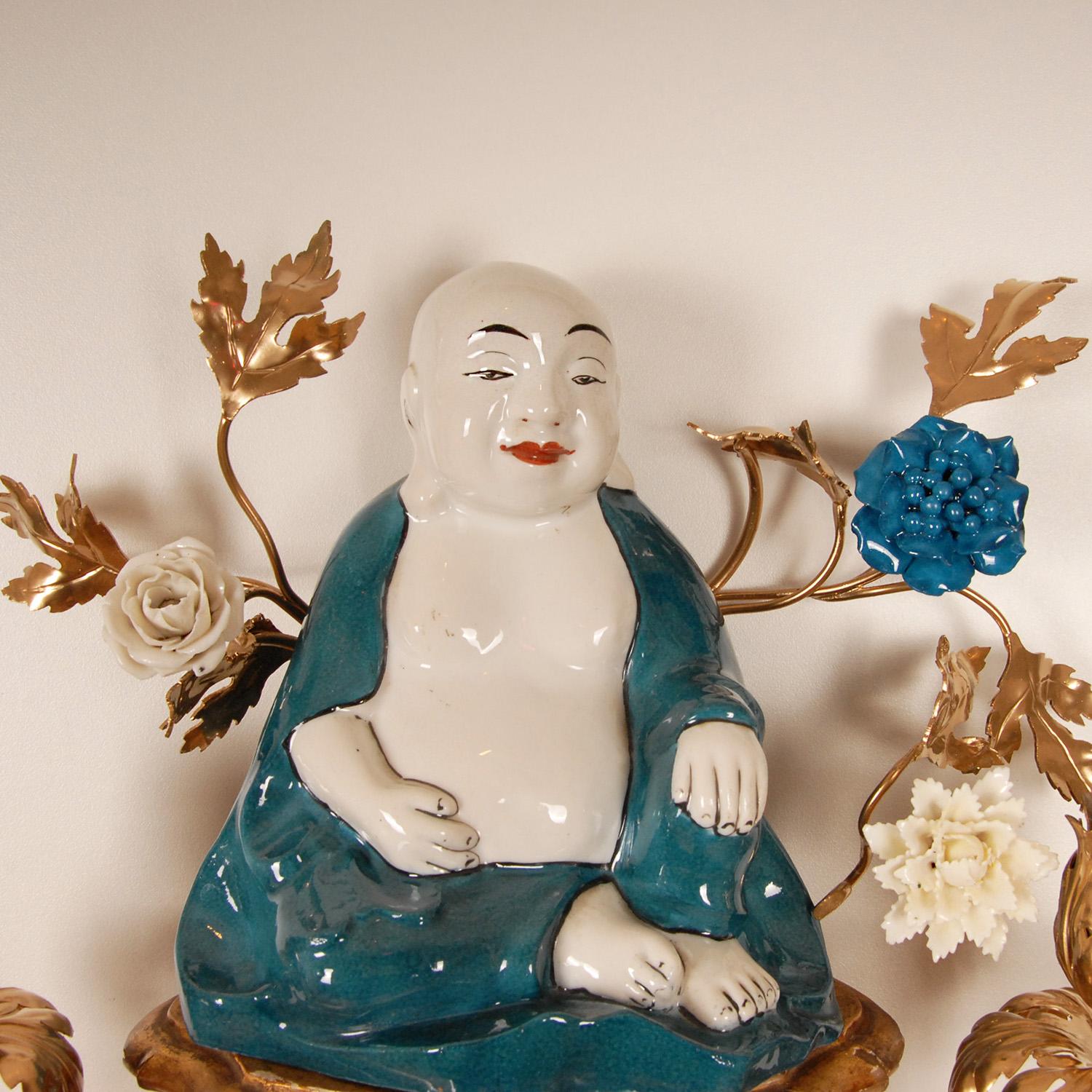 French Victorian Figural Wall sconces Blue White Buddha Figure Giltwood pair 3