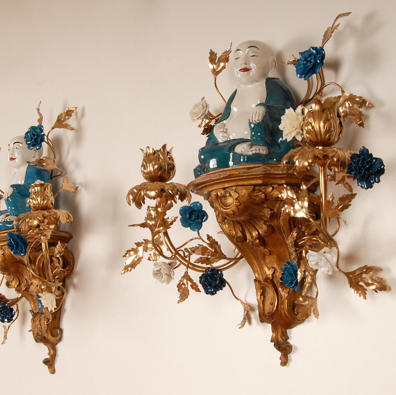 French Victorian Figural Wall sconces Blue White Buddha Figure Giltwood pair 4
