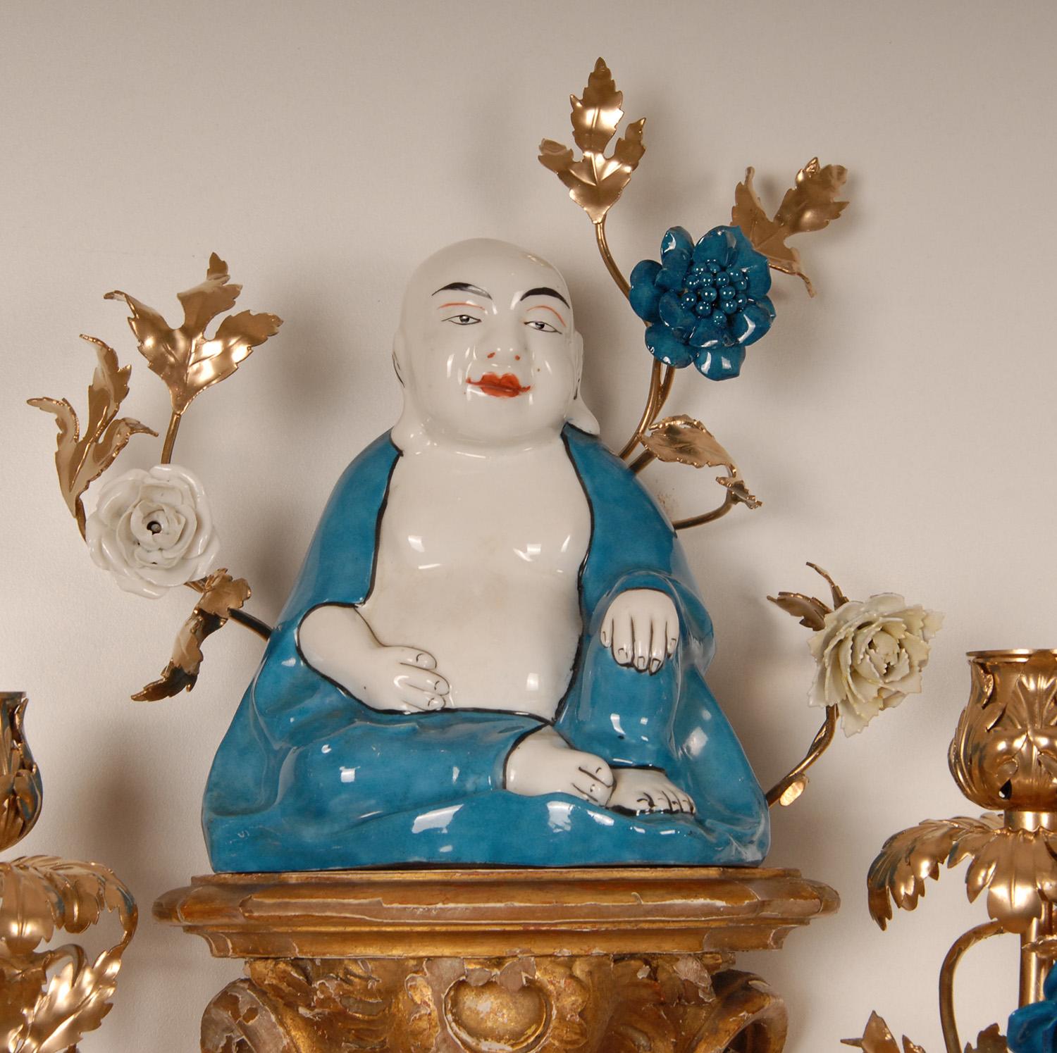 Hand-Carved French Victorian Figural Wall sconces Blue White Buddha Figure Giltwood pair