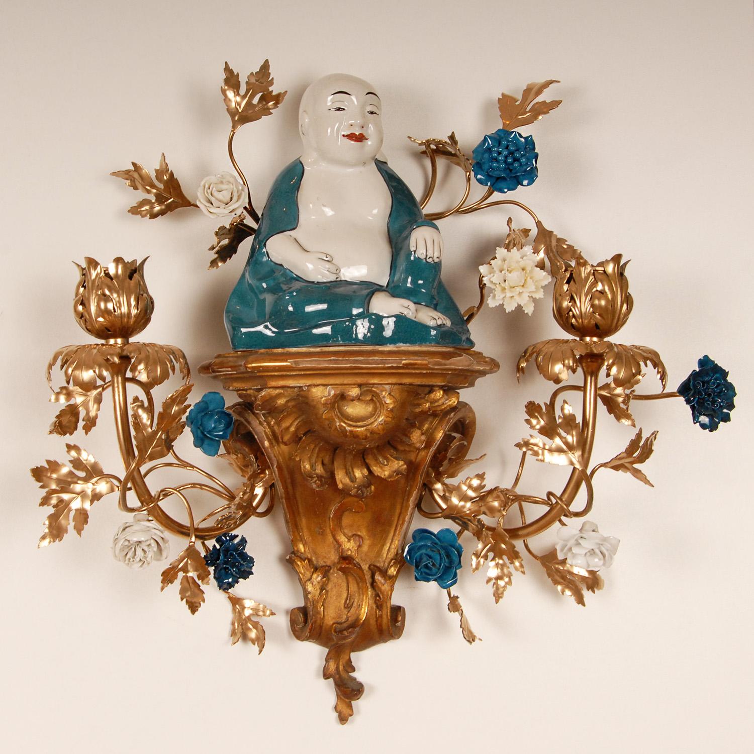 Early 20th Century French Victorian Figural Wall sconces Blue White Buddha Figure Giltwood pair