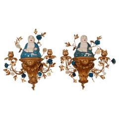 Antique French Victorian Figural Wall sconces Blue White Buddha Figure Giltwood pair