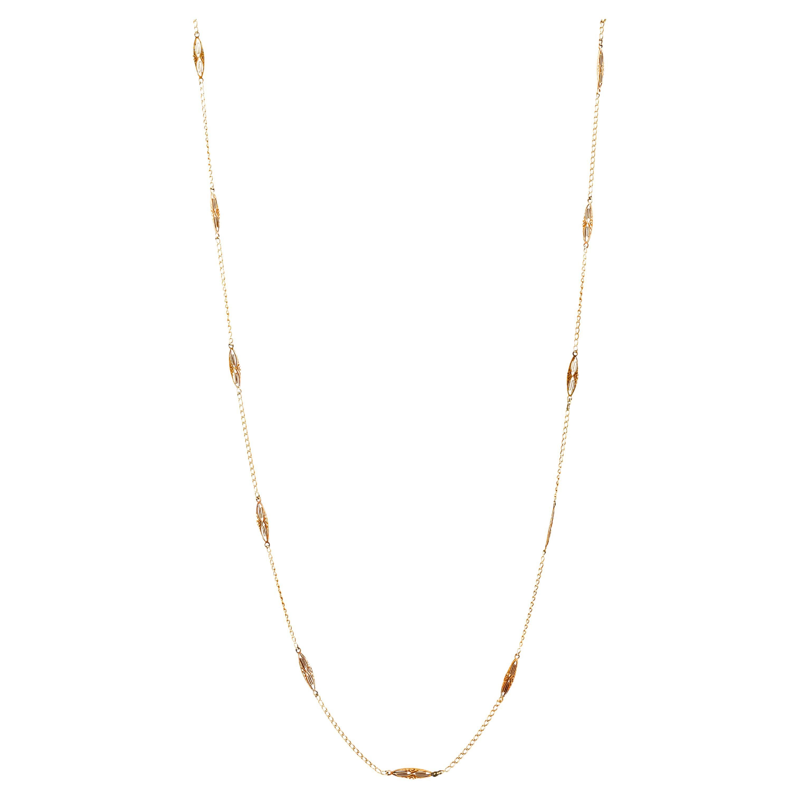 French Victorian Filigree Link 22" Long Chain in 18 Karat Yellow Gold