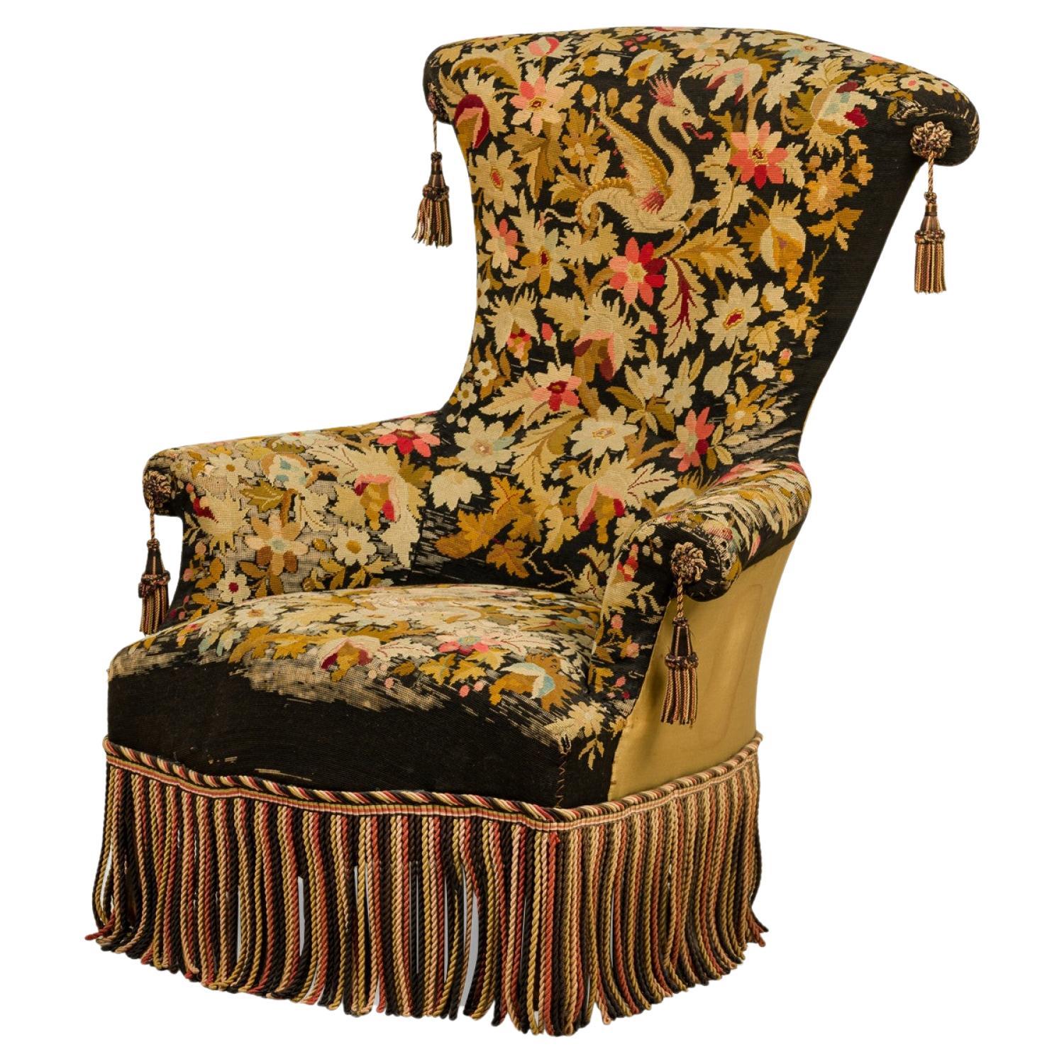 French Victorian Floral Needlepoint Upholstered Rope Fringe Trimmed Armchair For Sale