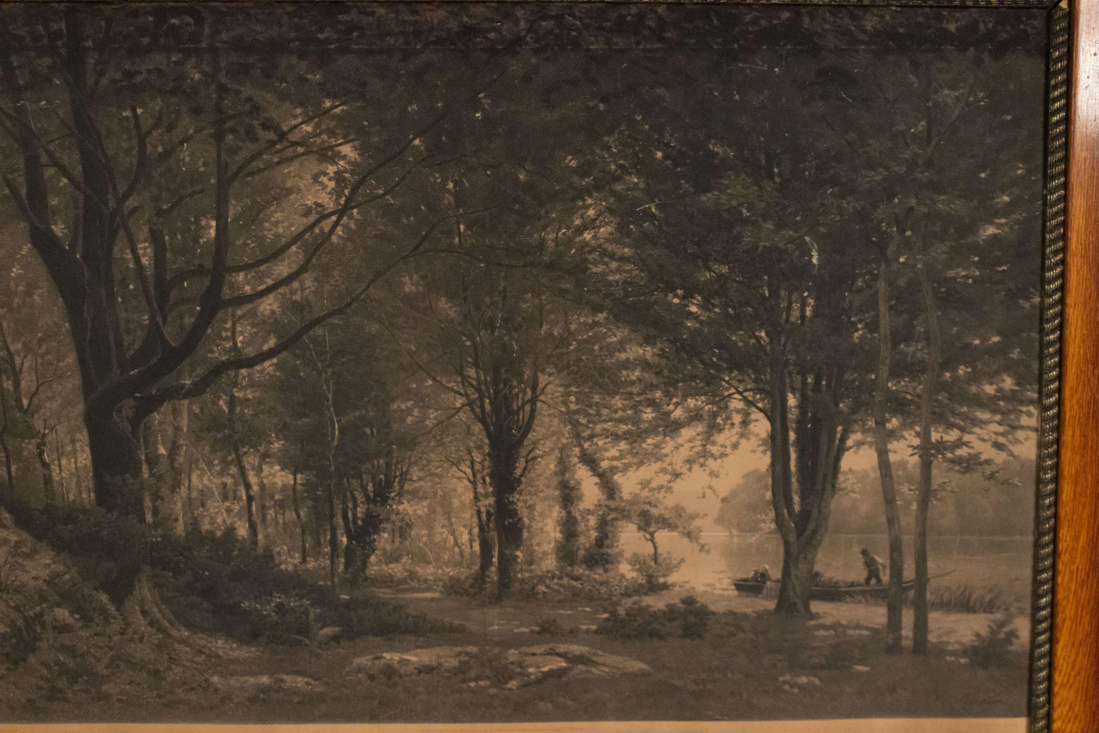 French Victorian oak framed engraving of landscape titled: 