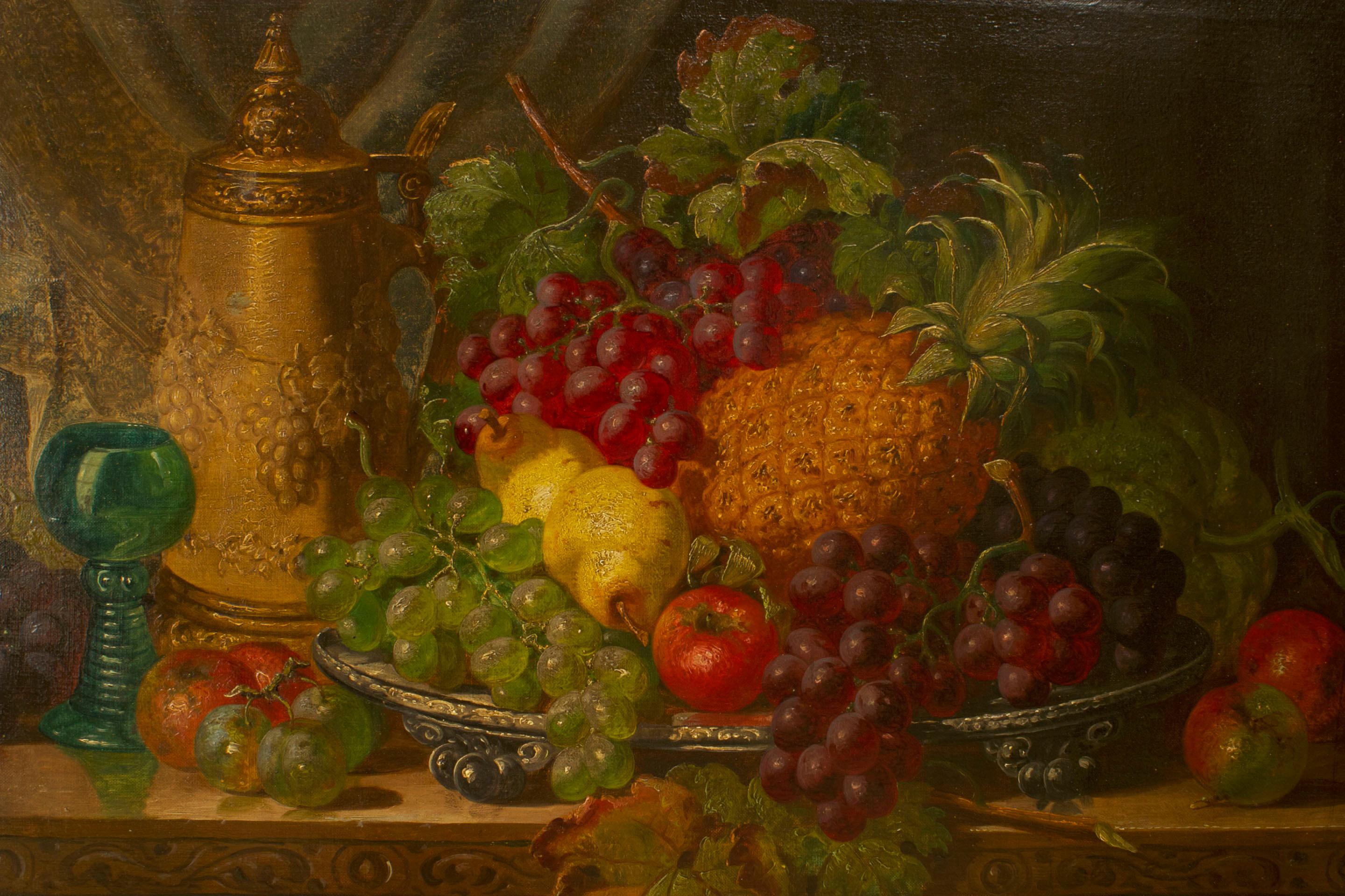 French Victorian gilt framed oil painting of a still life with fruit in silver platter on table. (Bole)

Condition: Good; Wear consistent with age and use