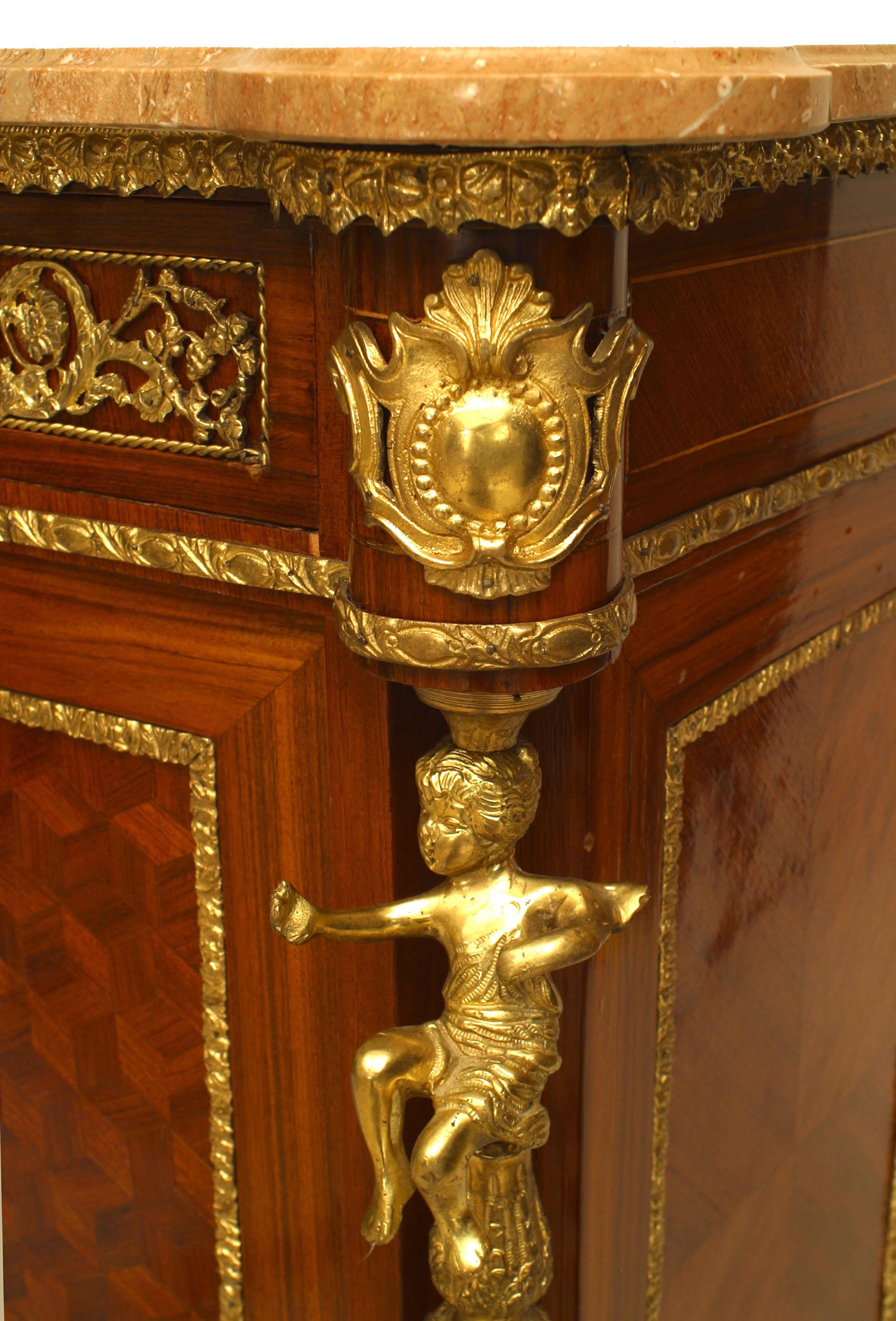 20th Century French Victorian Fruitwood and Parquetry Chest with Cupid Figures and Marble Top For Sale