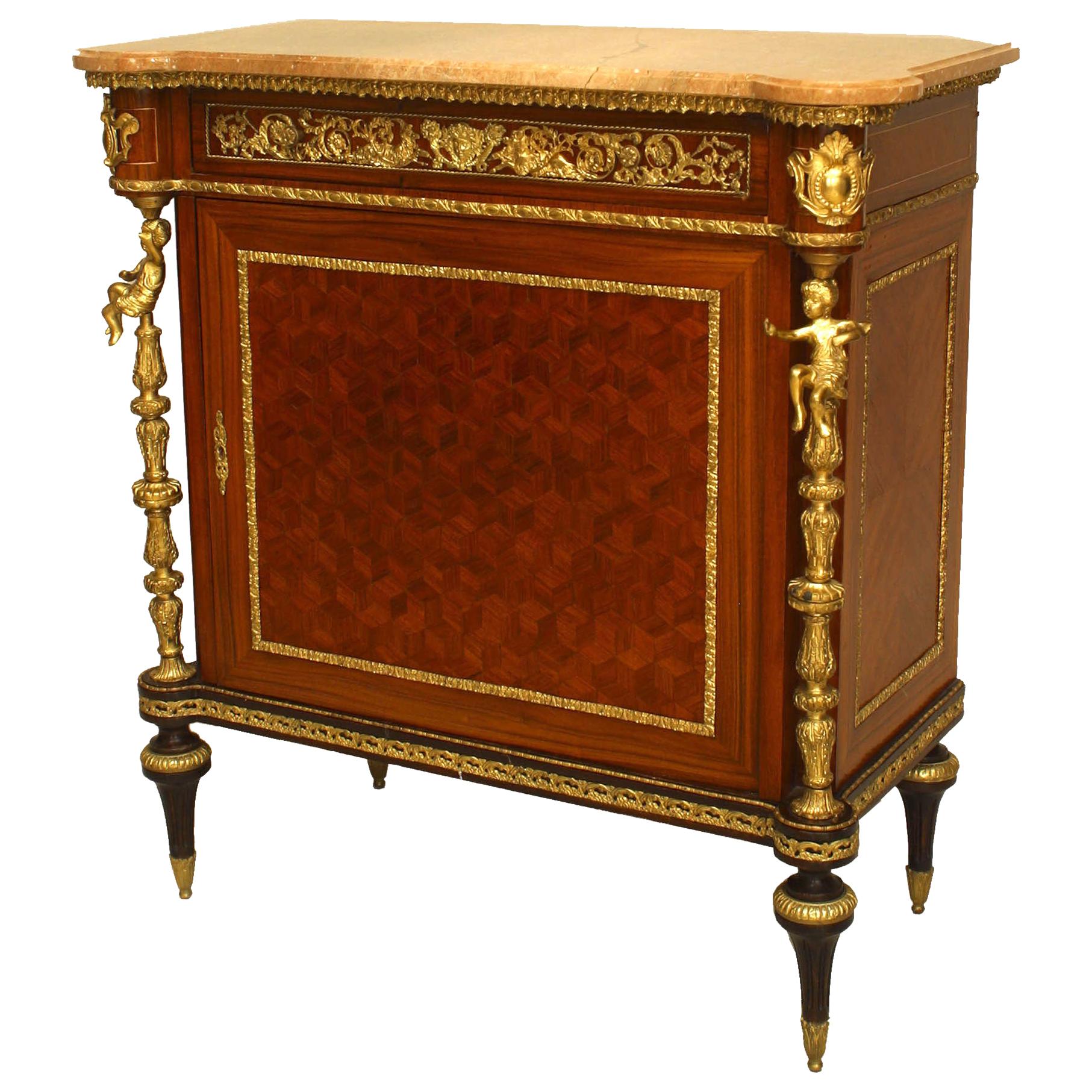 French Victorian Fruitwood and Parquetry Chest with Cupid Figures and Marble Top