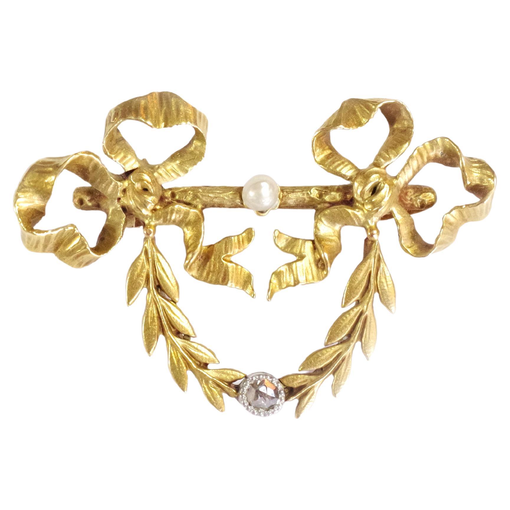 French Victorian Garland Brooch, Antique Brooch 18k Gold Ribbons For Sale