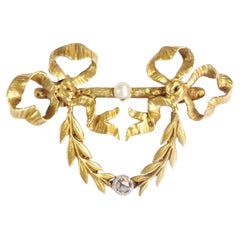 French Victorian Garland Brooch, Antique Brooch 18k Gold Ribbons