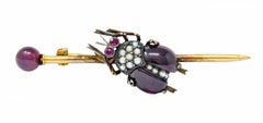 French Victorian Garnet Pearl Ruby Silver-Topped 18 Karat Gold Beetle Bar Brooch